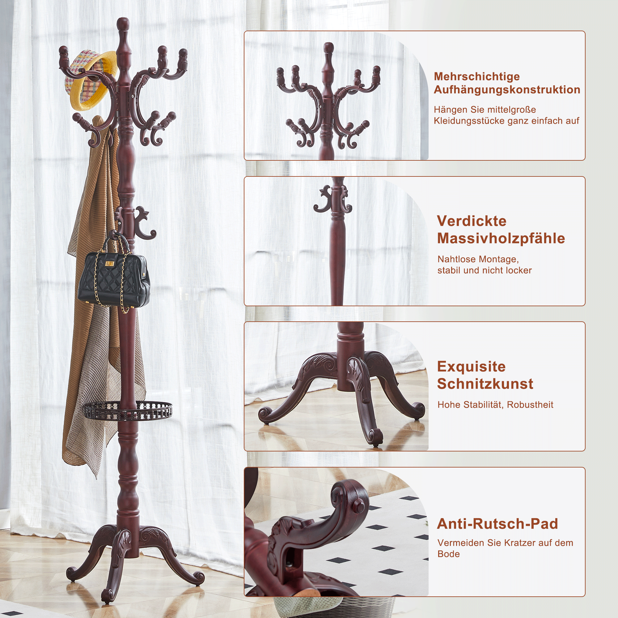 Clothes Rack Multi-Hook Freestanding - Solid Walnut Wood