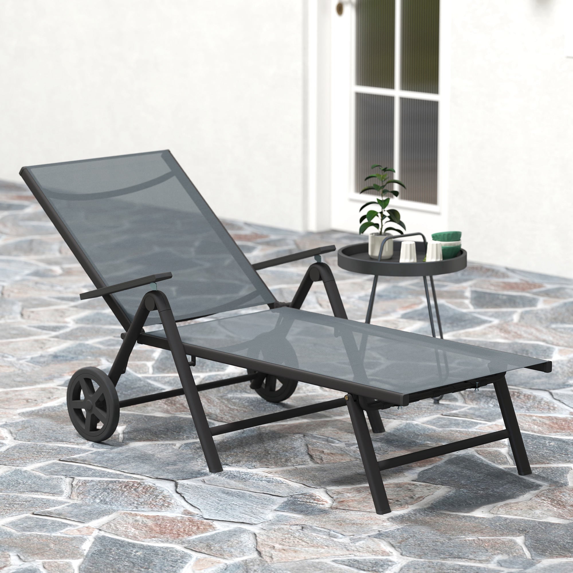 Folding Sun Lounger, 5-Position Adjustable Reclining with Wheels, Metal Frame Grey