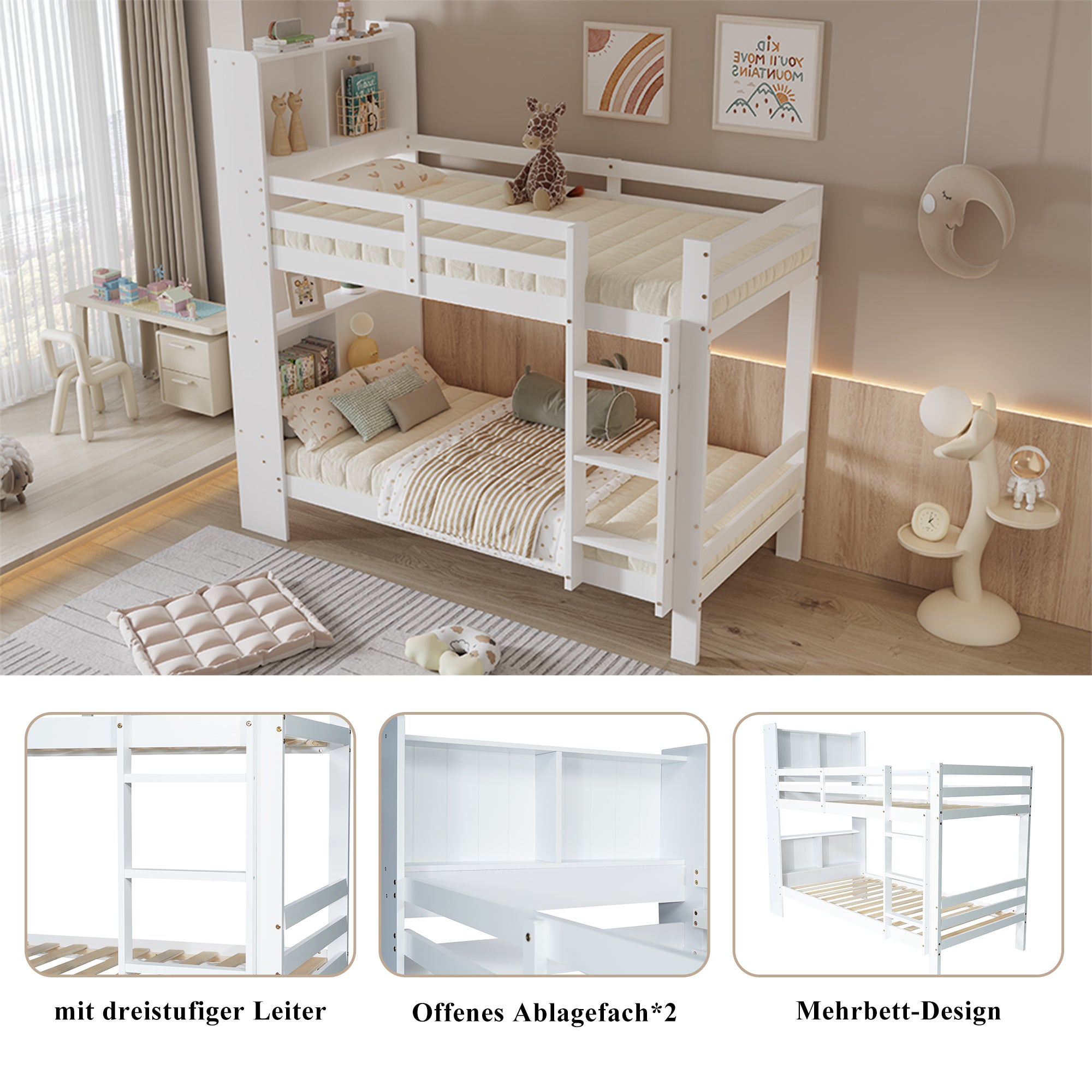 Bunk Bed with Shelves, Ladder & Storage, Solid Wood, White