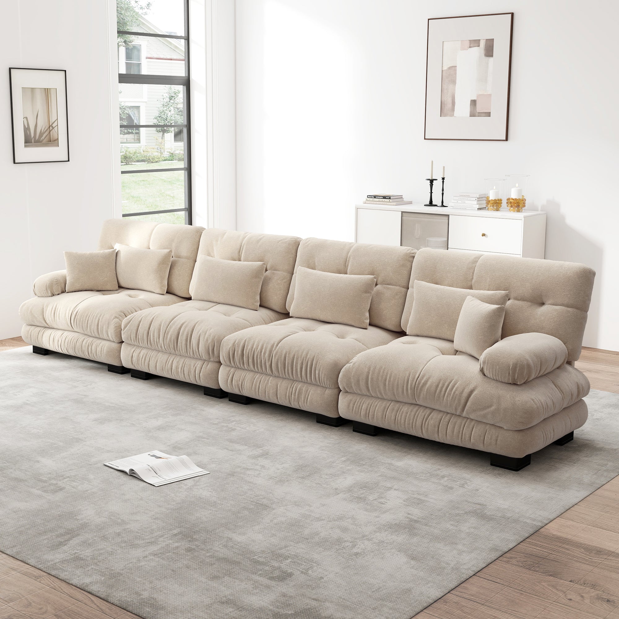 Modular Corner Sofa, 4-Seater Deep Seat Sleeper, Light Brown Chenille
