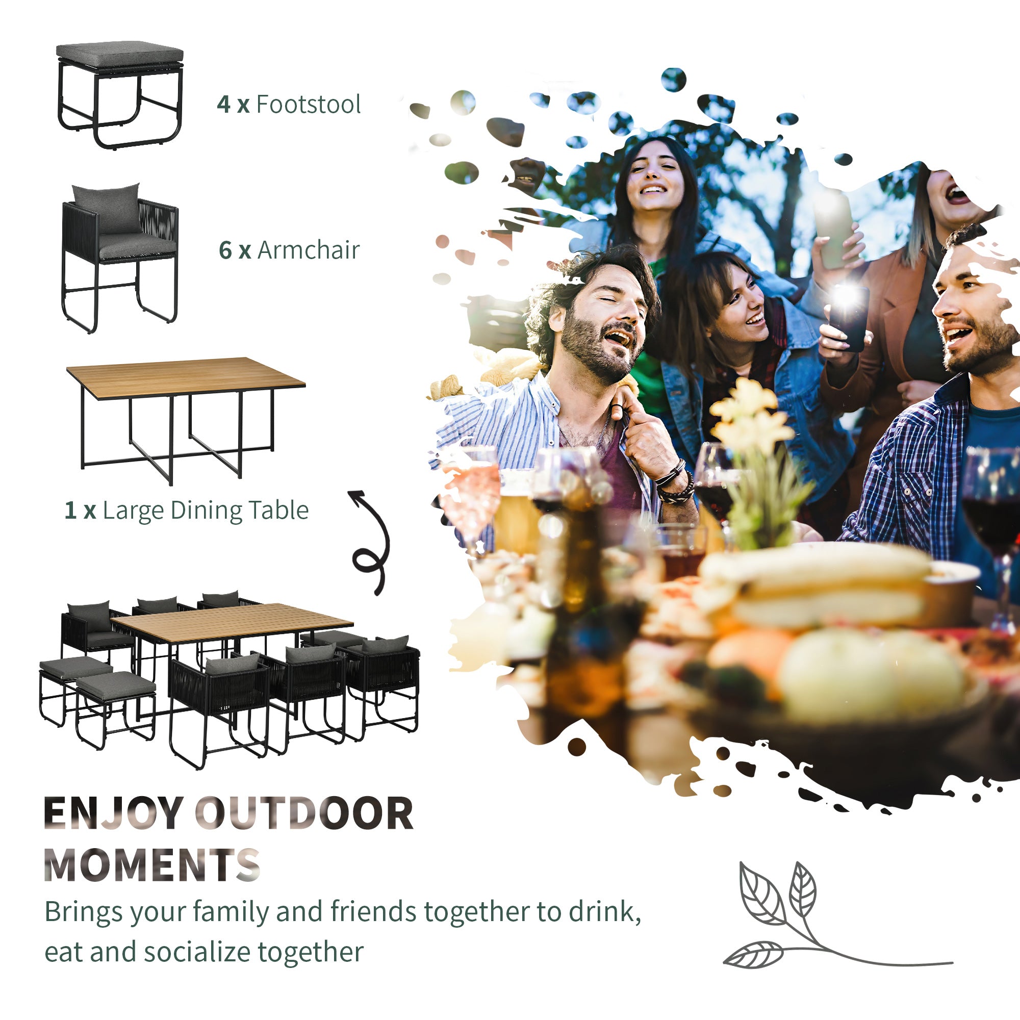 10 Seater Rattan Cube Garden Dining Set with Armchairs, Stools, Wood Grain Plastic Table, Black