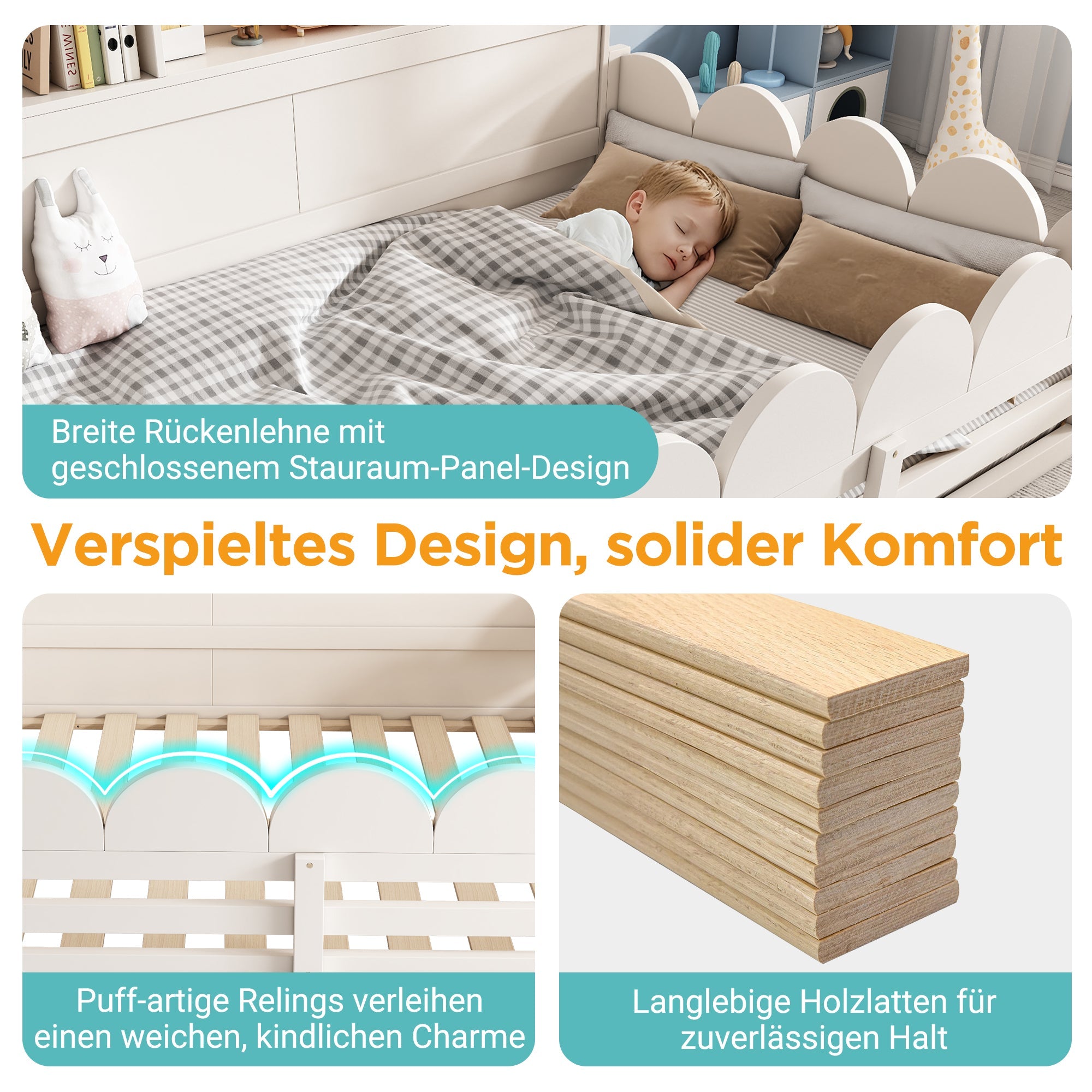 Children's Floor Bed with Fall Protection, Door, Slatted Base and Shelf, 140x200cm, White Wood