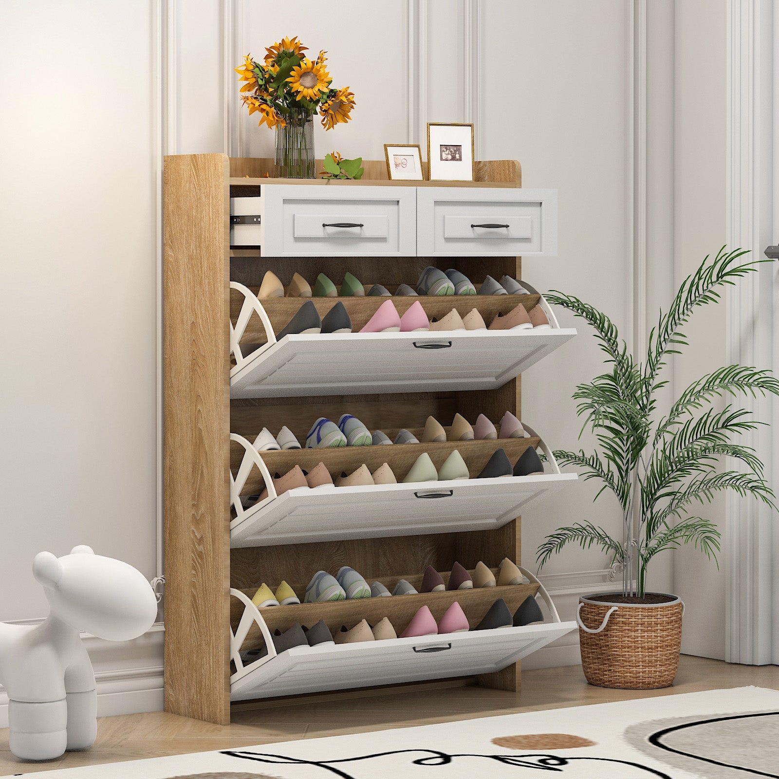 Shoe Cabinet Rotating Shoe Rack with 3 Doors and 2 Drawers Wood