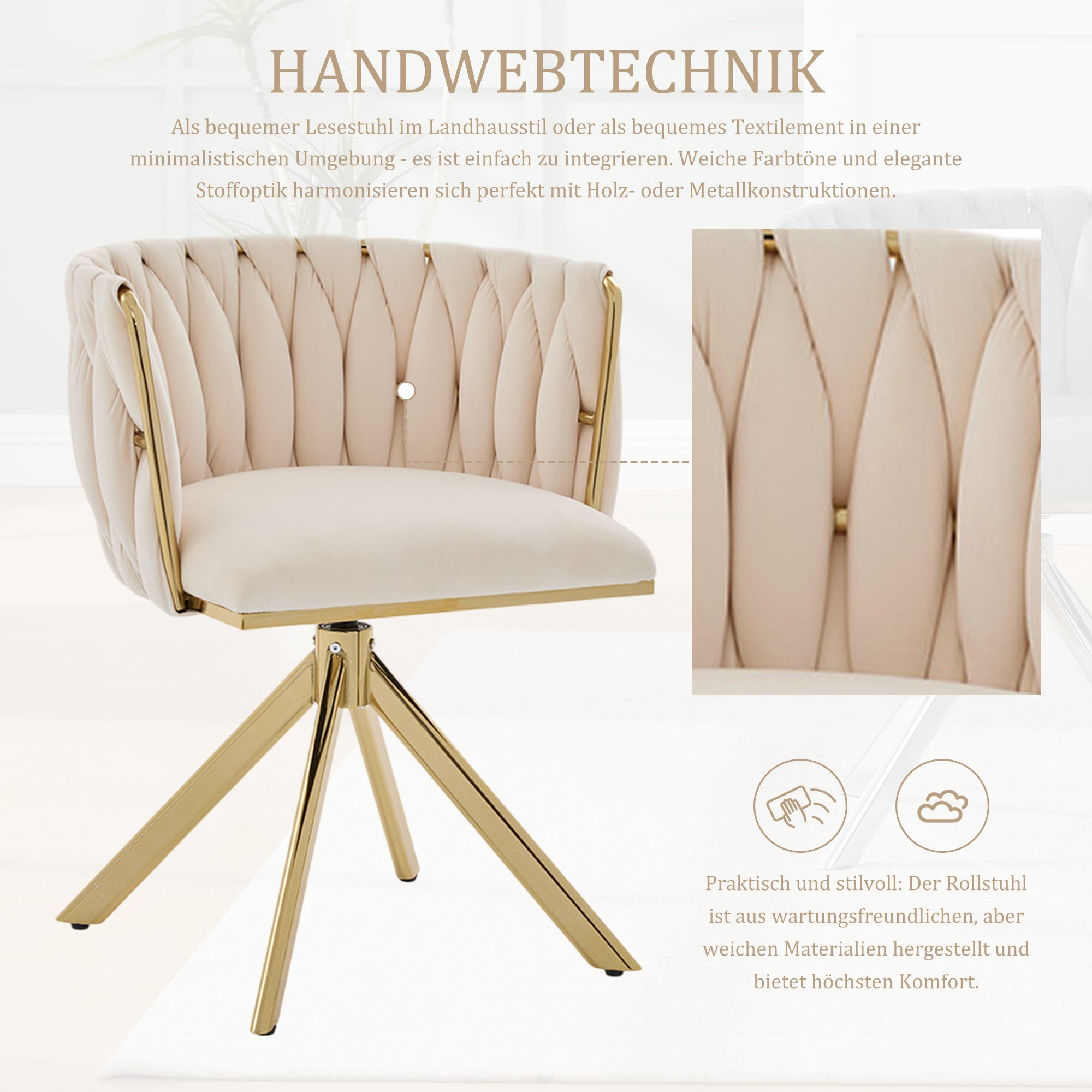 Velour Armchair, Heavy-Duty, 180° Swivel, Ergonomic, Metal Frame