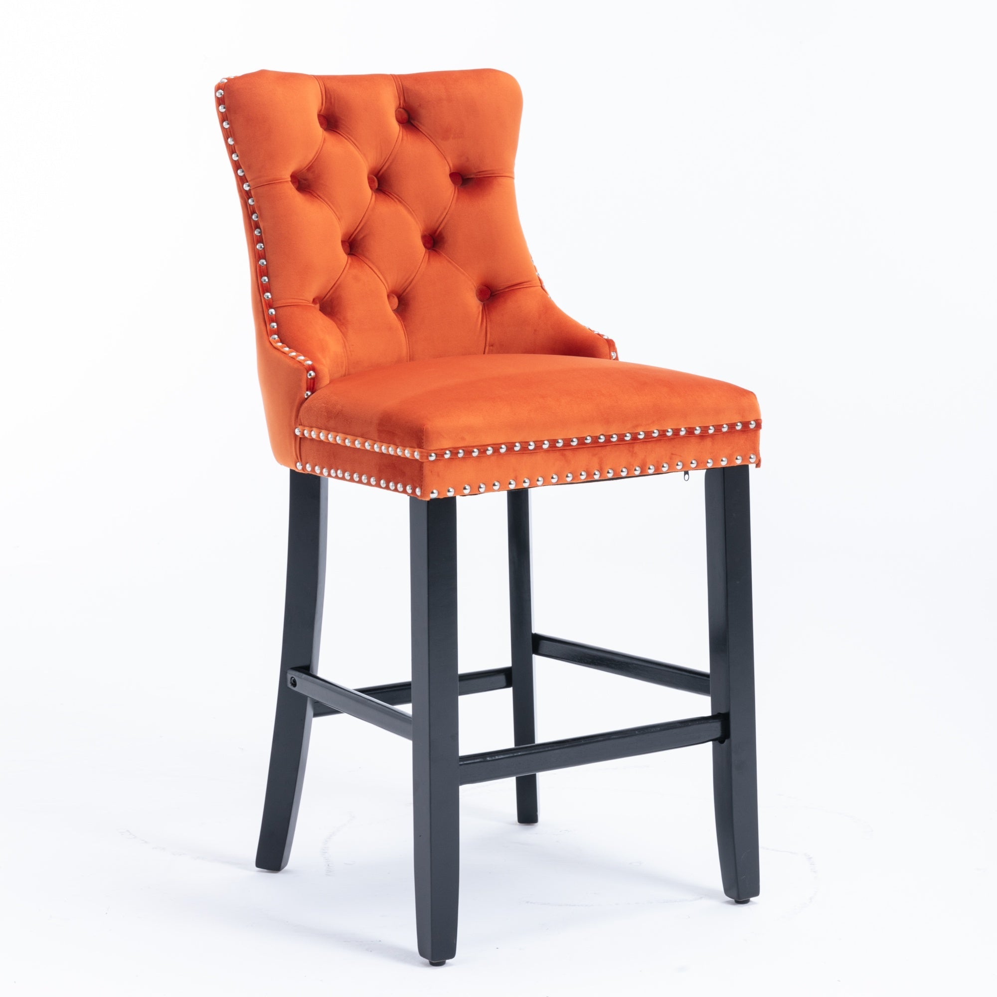 Barstools Set of 2 Button Tufted Velvet Wooden Legs - Orange