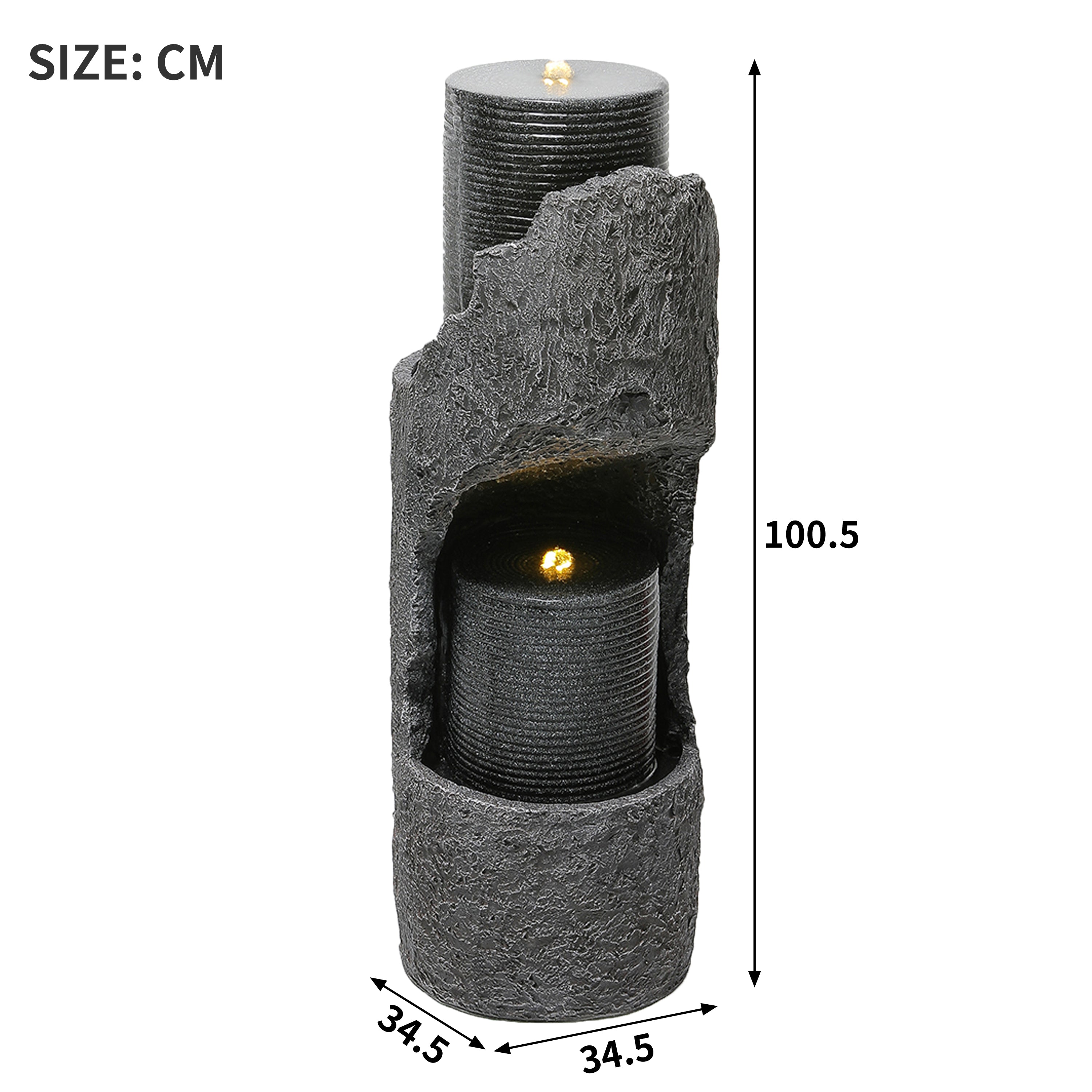 Garden Fountain with LED Lighting, Water Pump and Decorative Basin, Grey Artificial Stone