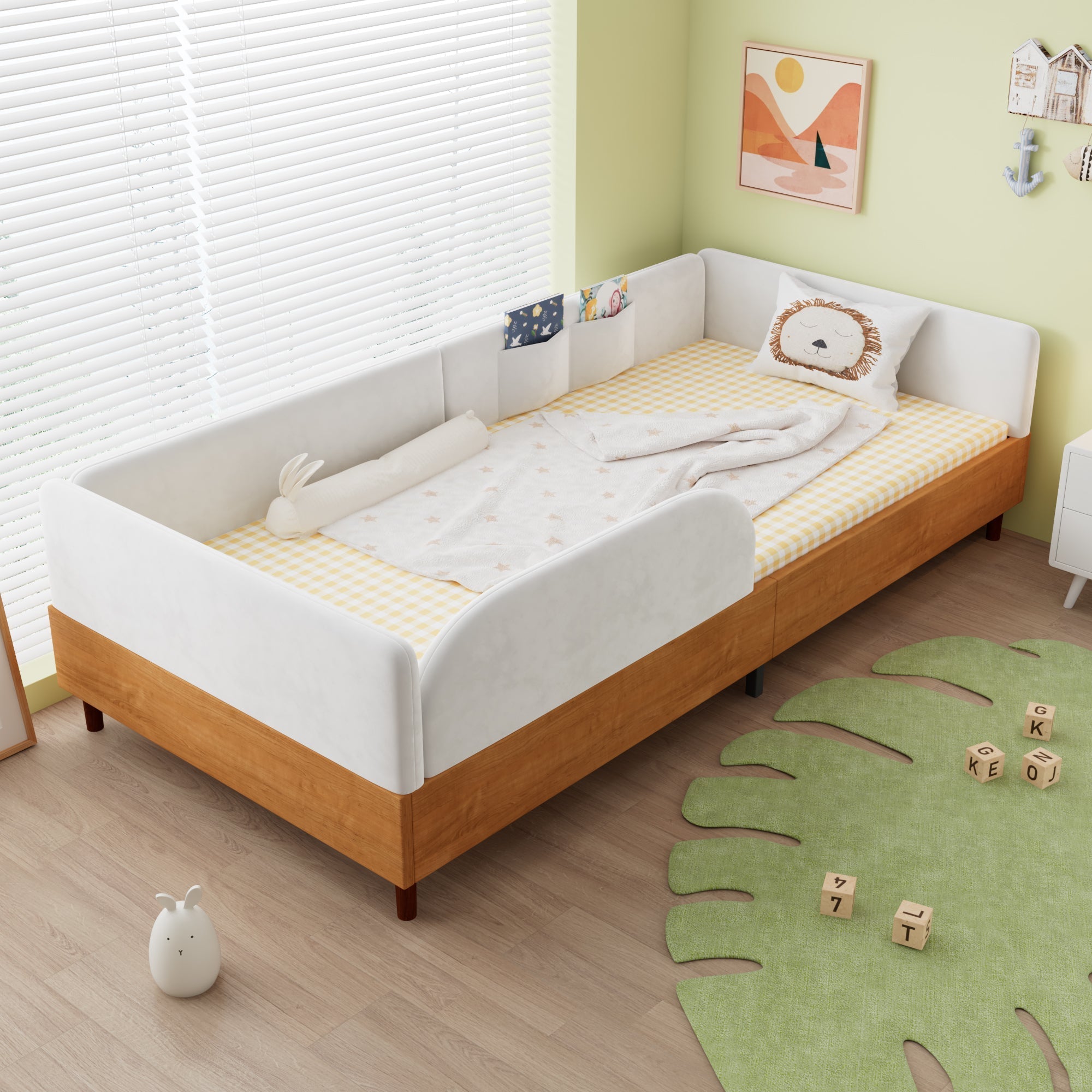 Upholstered Single Bed with 2 Storage Pockets and Anti-Collision Edge, 90x200cm, White Velvet and Wood