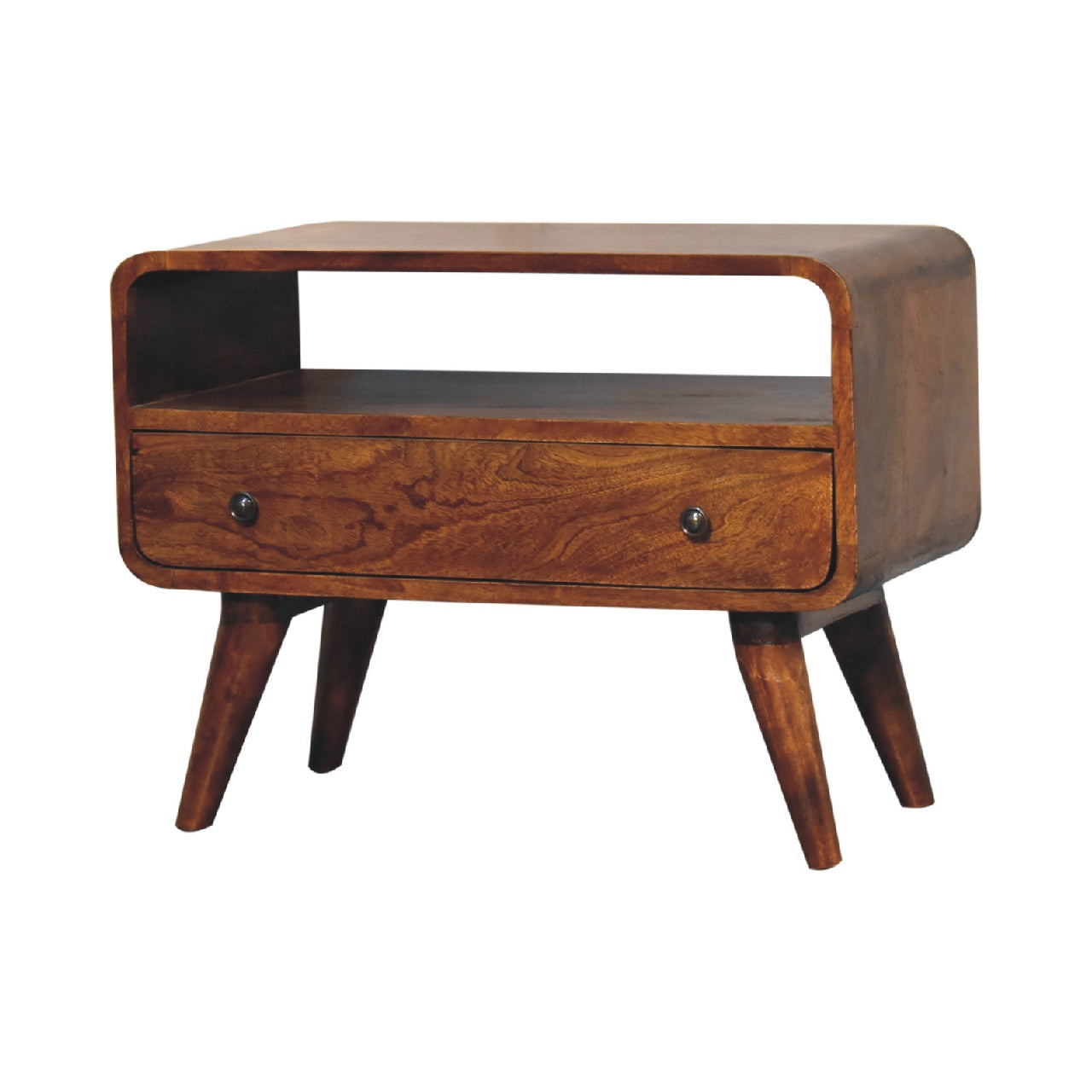 Solid Wood Mini Curved Media Unit, 1 Drawer, 1 Open Slot, Brown