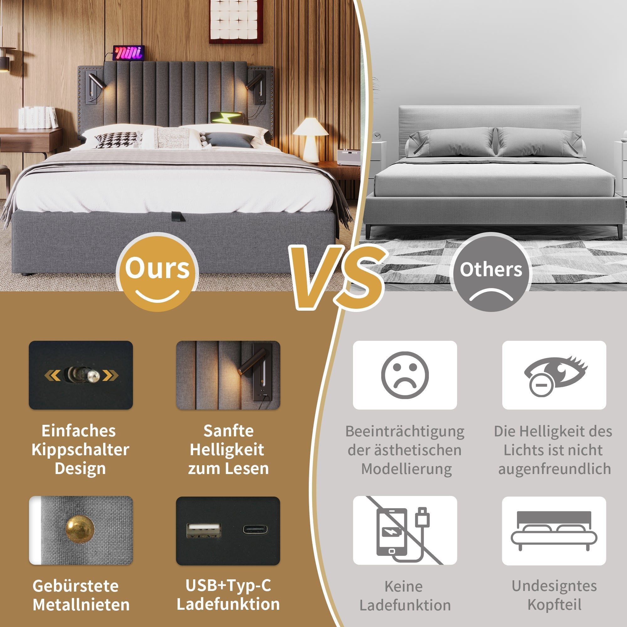 Upholstered Bed 180x200 Double Storage USB Reading Light Studded Headboard Cotton Grey