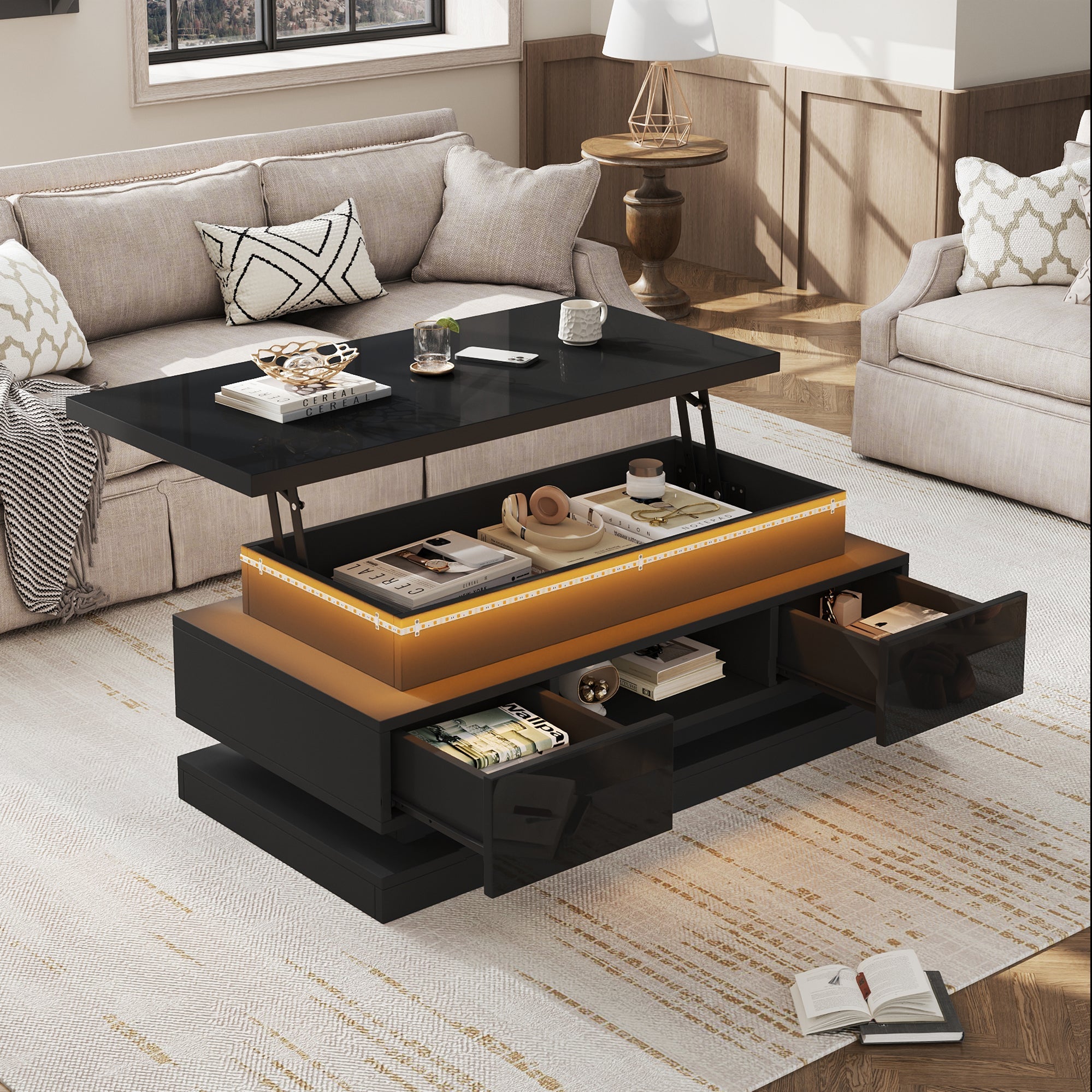 Lift-Top Coffee Table High-Gloss with LED Lighting 2 Drawers Hidden Storage Black Chipboard