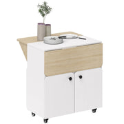 Klapptisch mit Rollschrank, zwei klappbare Seiten, 4 Rollen, Weiß + Naturholz