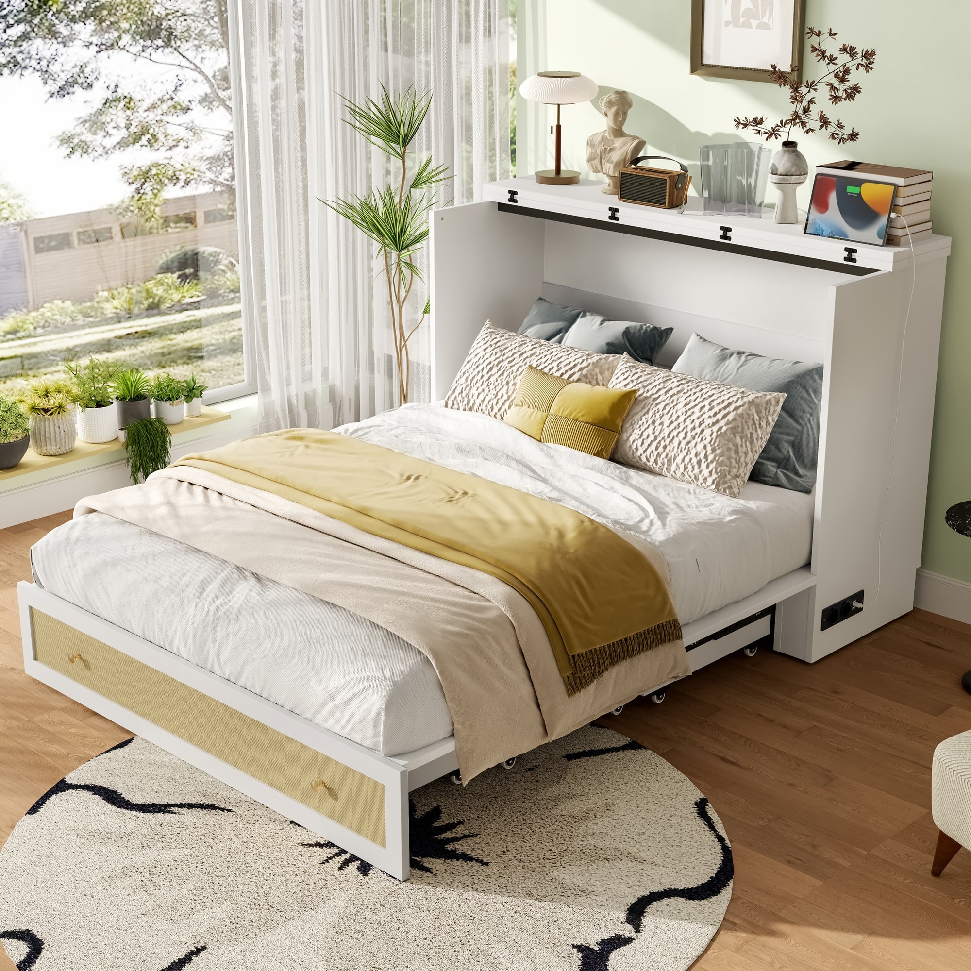 Murphy Bed with USB and Power Outlet, Convertible Platform Bed 140 x 200, White