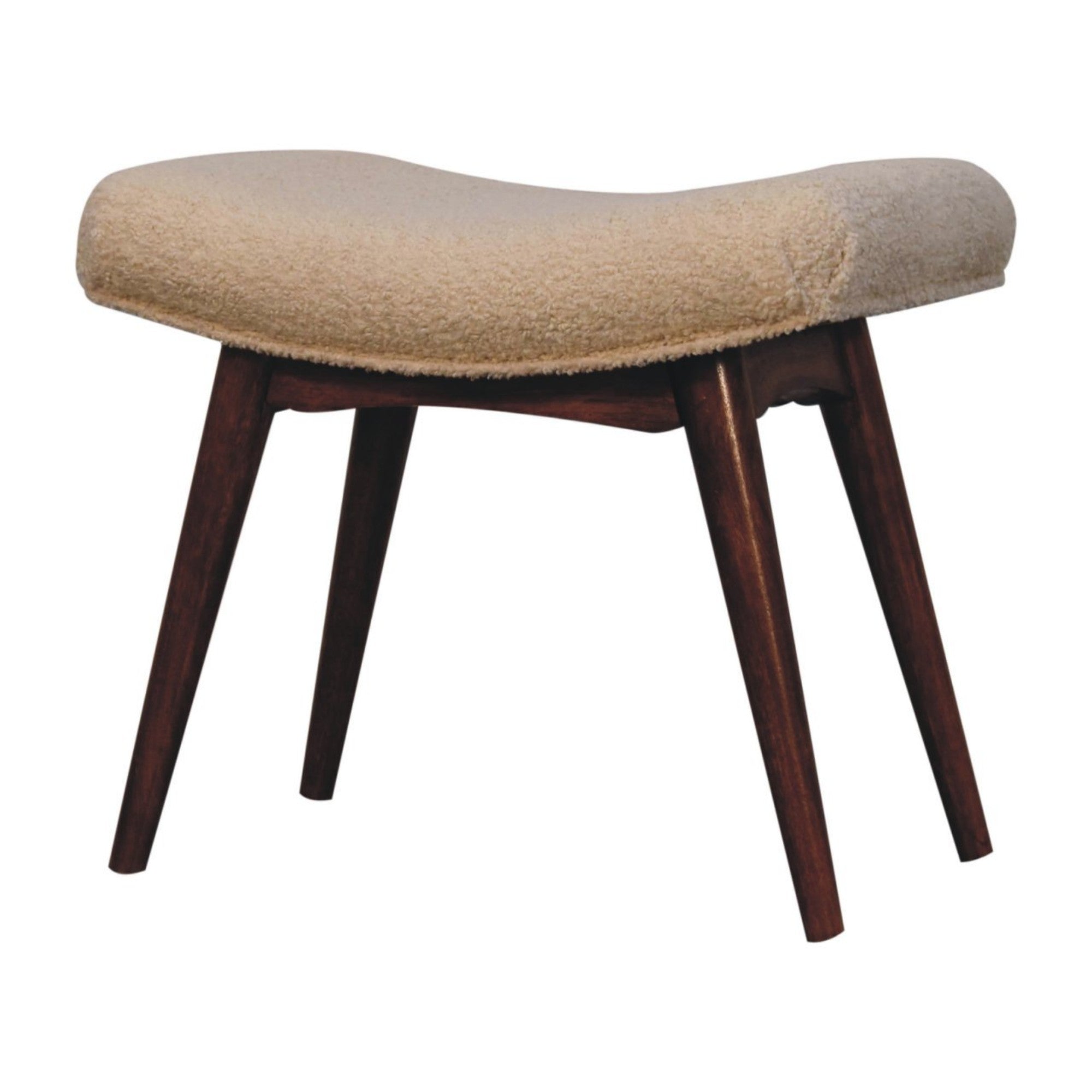 Solid Wood Curved Bench, Upholstered Honey Caramel Boucle Cream