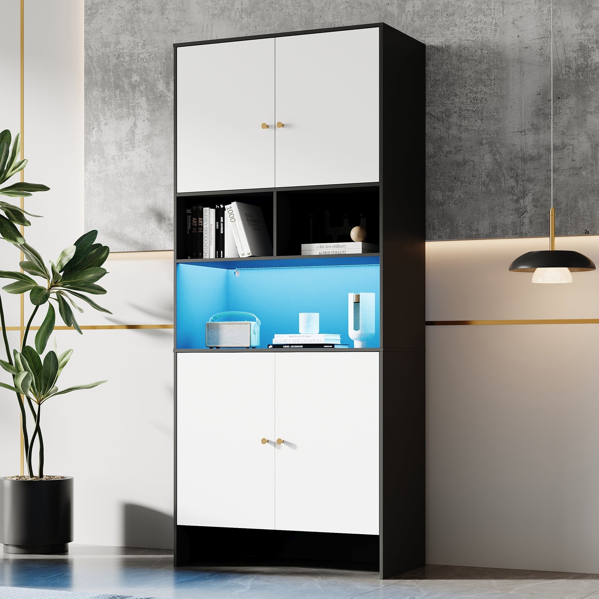 Multi-purpose Cabinet with 4 Doors and 3 Open Compartments, Black and White Wood