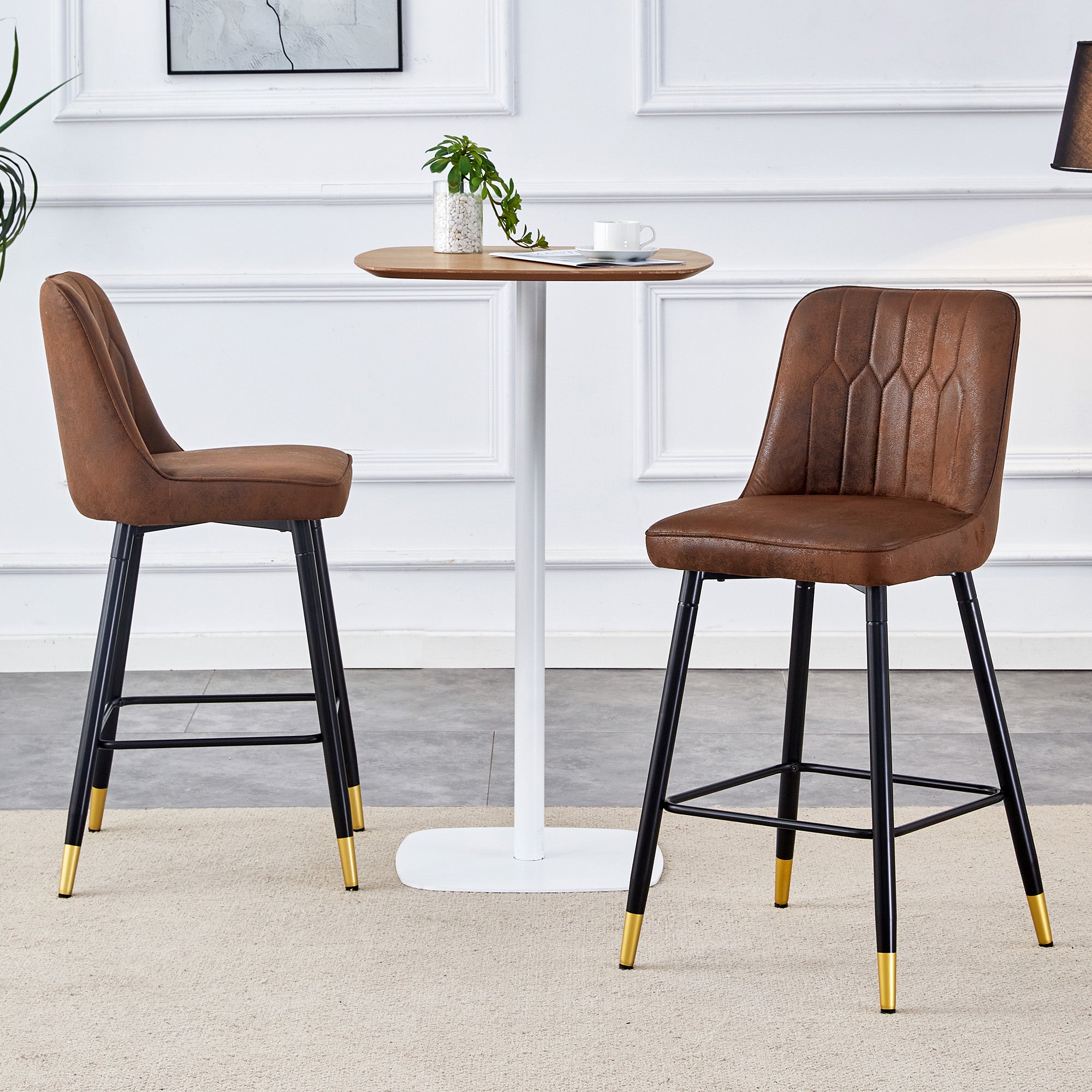 Set of 2 Bar Stools 100cm Black Metal Frame Footrest - Brown Tech Fabric