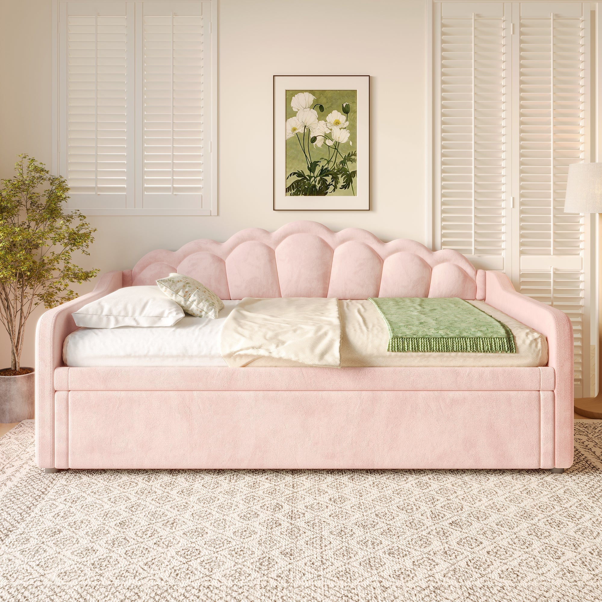 Daybed Sofa Bed Pull-out Bed LED Strip 90/180x200cm - Velvet Pink
