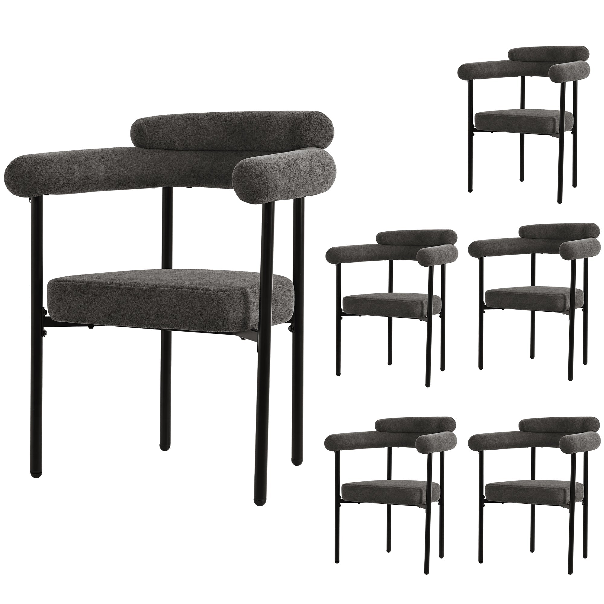 6 Dining Chairs, Modern Simple Comfortable Ring Seat, Dark Grey Suede