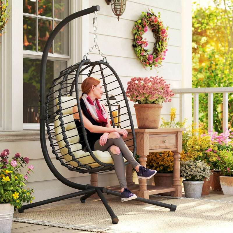 Rattan Hanging Egg Chair, Foldable Adjustable Height with Stand, Cream White