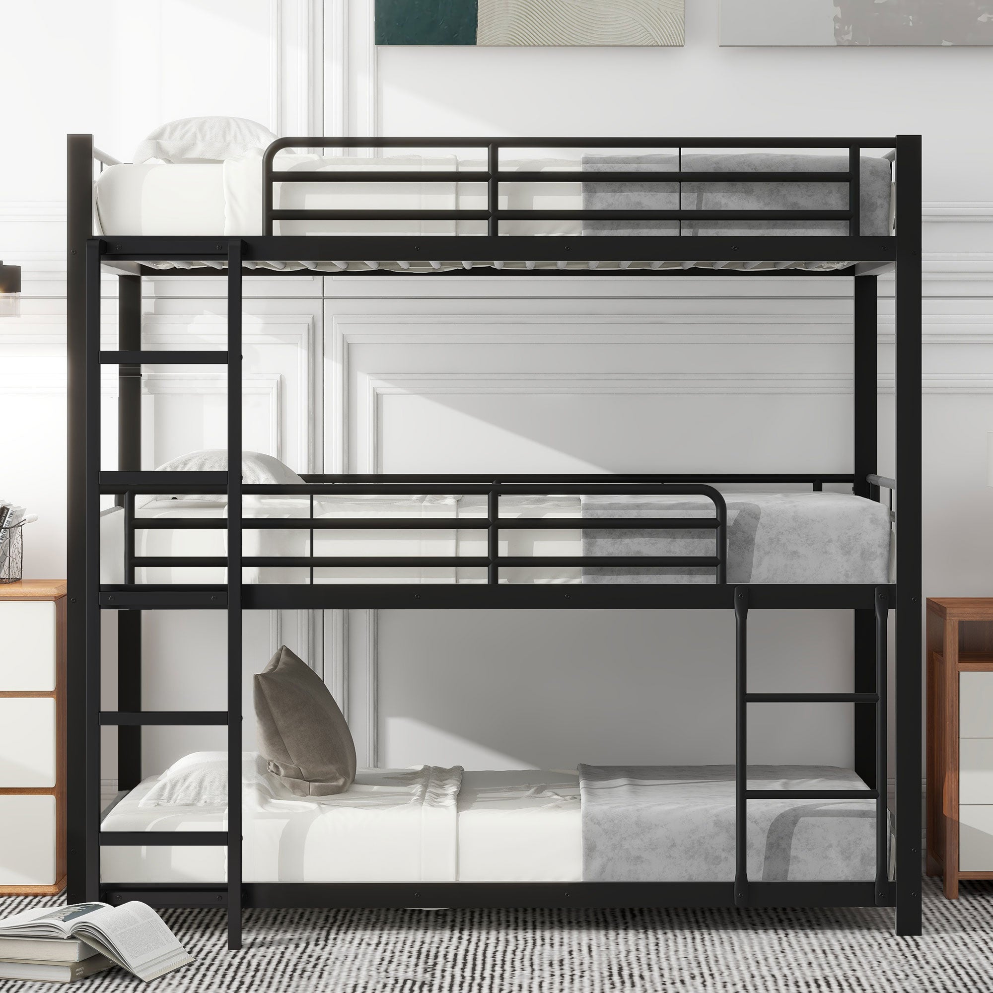 Triple Bunk Bed 90x200cm Metal for Children & Adults, Black