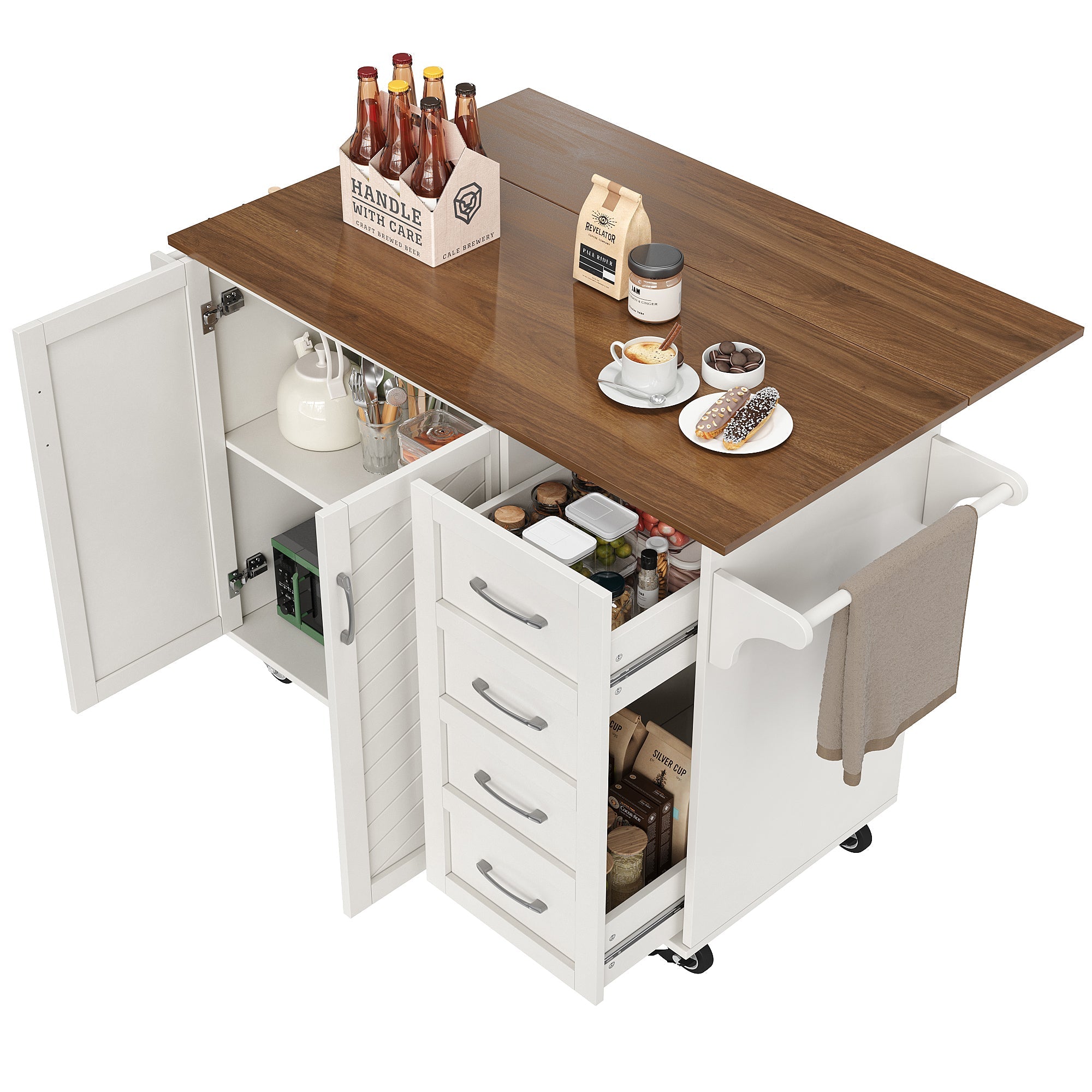Kitchen Cart with Towel Rail, Spice Rack, Adjustable Dividers, White Wood Grain