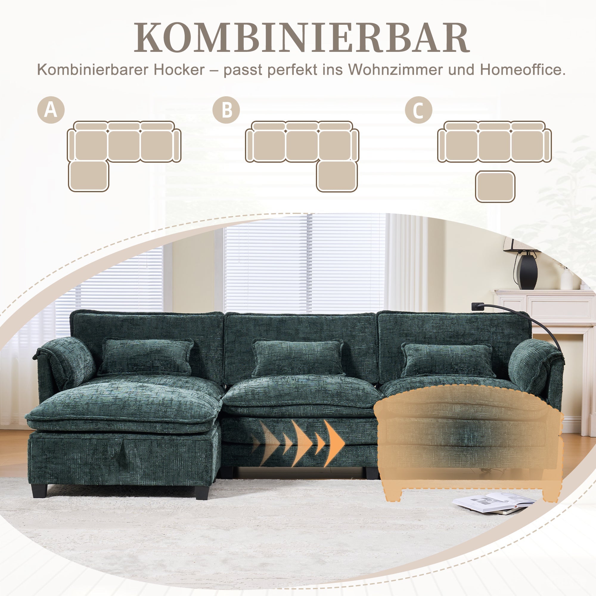 Modern 2-seater Sofa, USB Port Side Storage, Modular Footstool, Chenille Emerald
