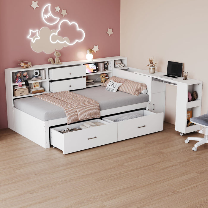 Wooden Sofa Bed 90x200cm Multifunctional Storage Pull-Out Desk, White
