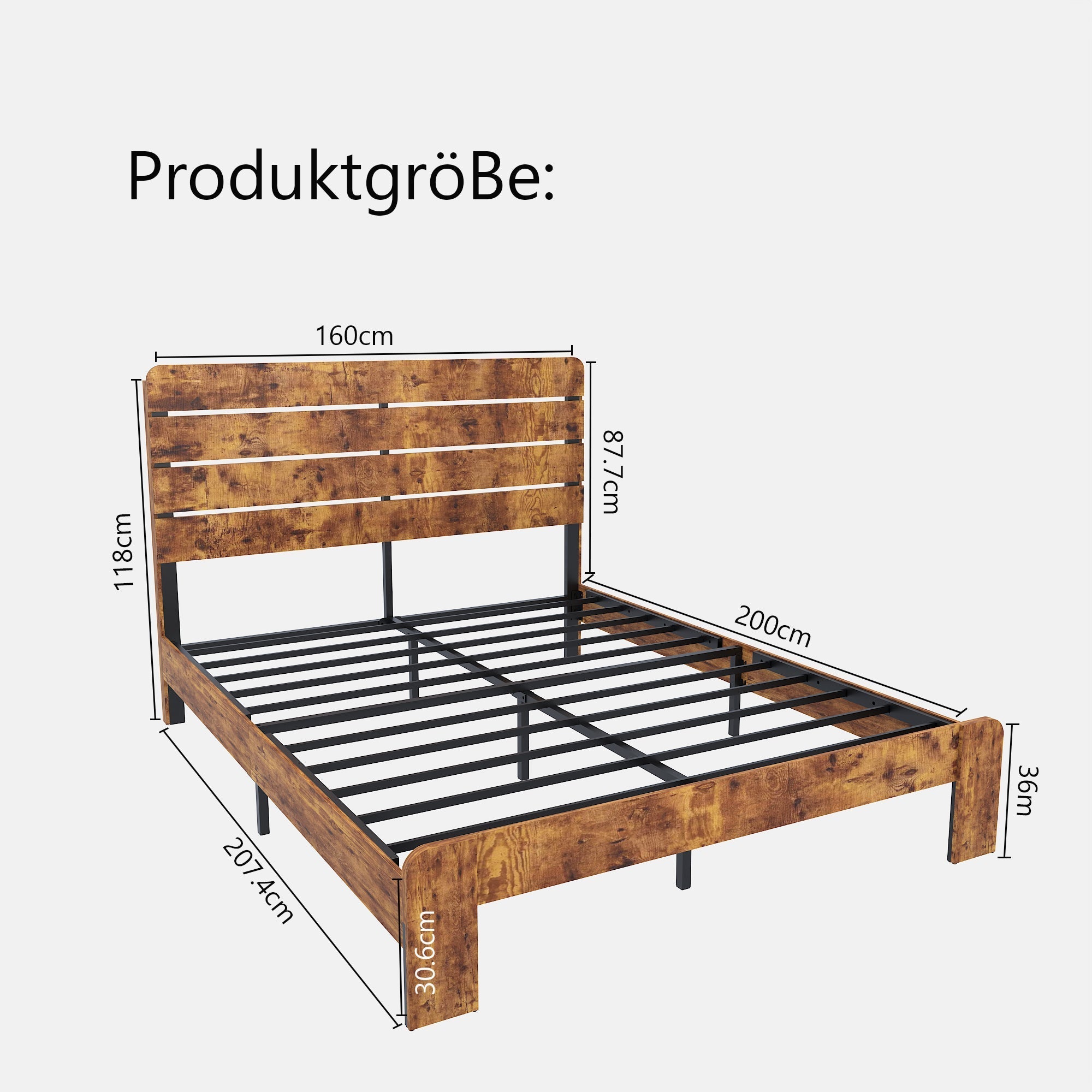 Wooden Double Bed 160x200cm Antique Frame High Headboard, Wood/Iron