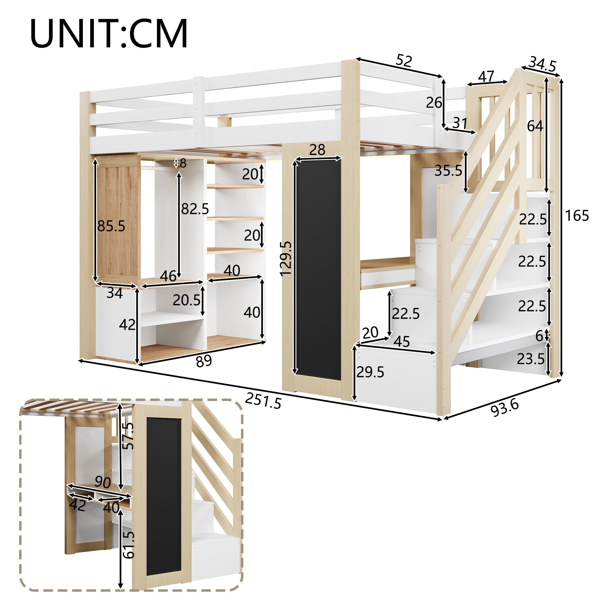 Loft Bed 90x200 with Desk, Wardrobe and LED Lighting, White and Natural