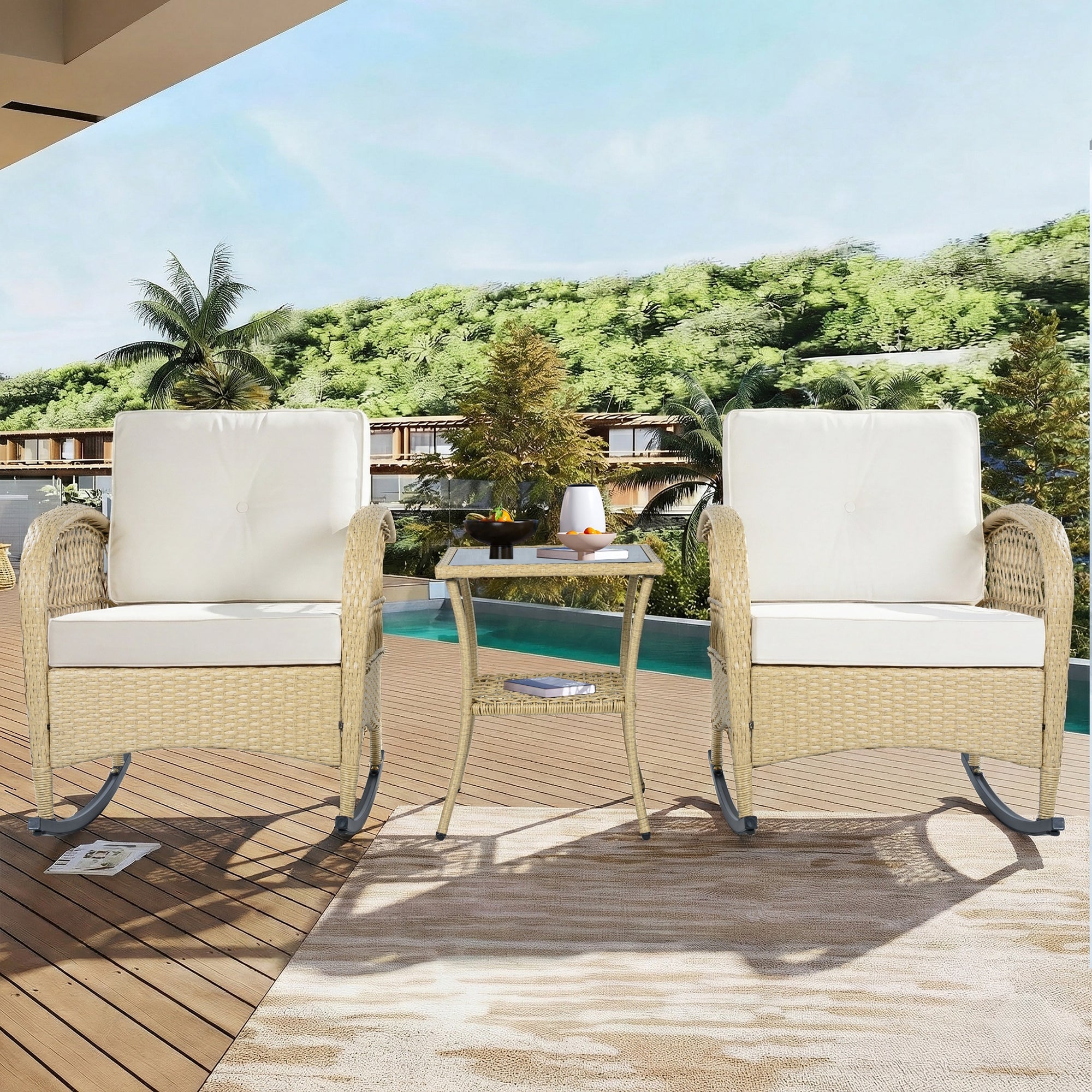 Rattan Balcony Furniture Set, 3-Piece Rocking Chairs with Cushions and 160kg Capacity, Beige Rattan
