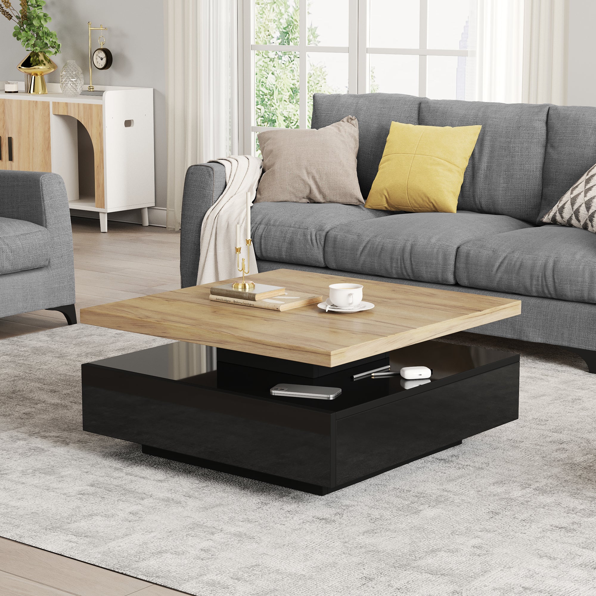 Coffee Table Multifunctional 360° Swivel 2-Tier Storage - Natural/Black Chipboard