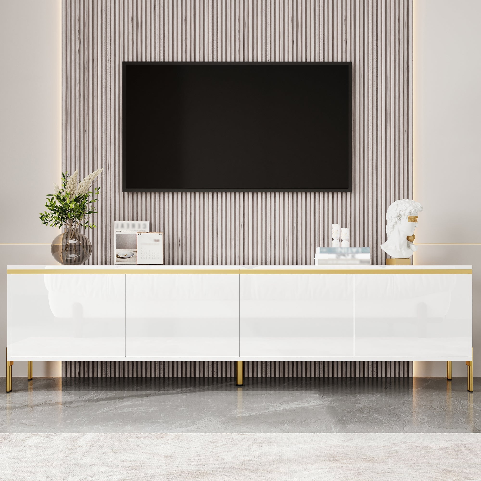 TV Stand Modern High-Gloss with 4 Cabinet Doors and Storage, Gold Edge Banding