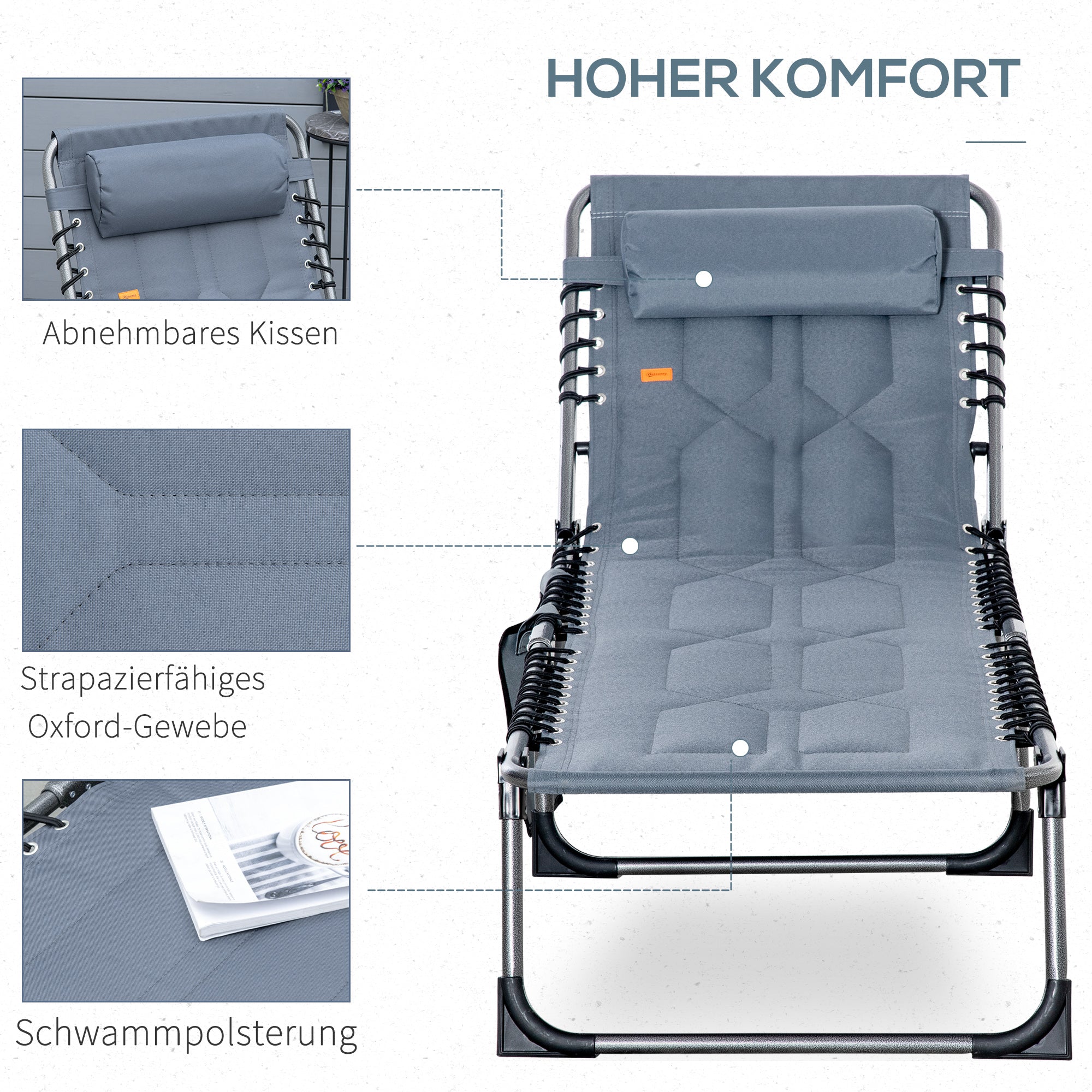 Sun Lounger, Foldable 5-Position Adjustable Backrest Weatherproof 130kg Max Load, Grey