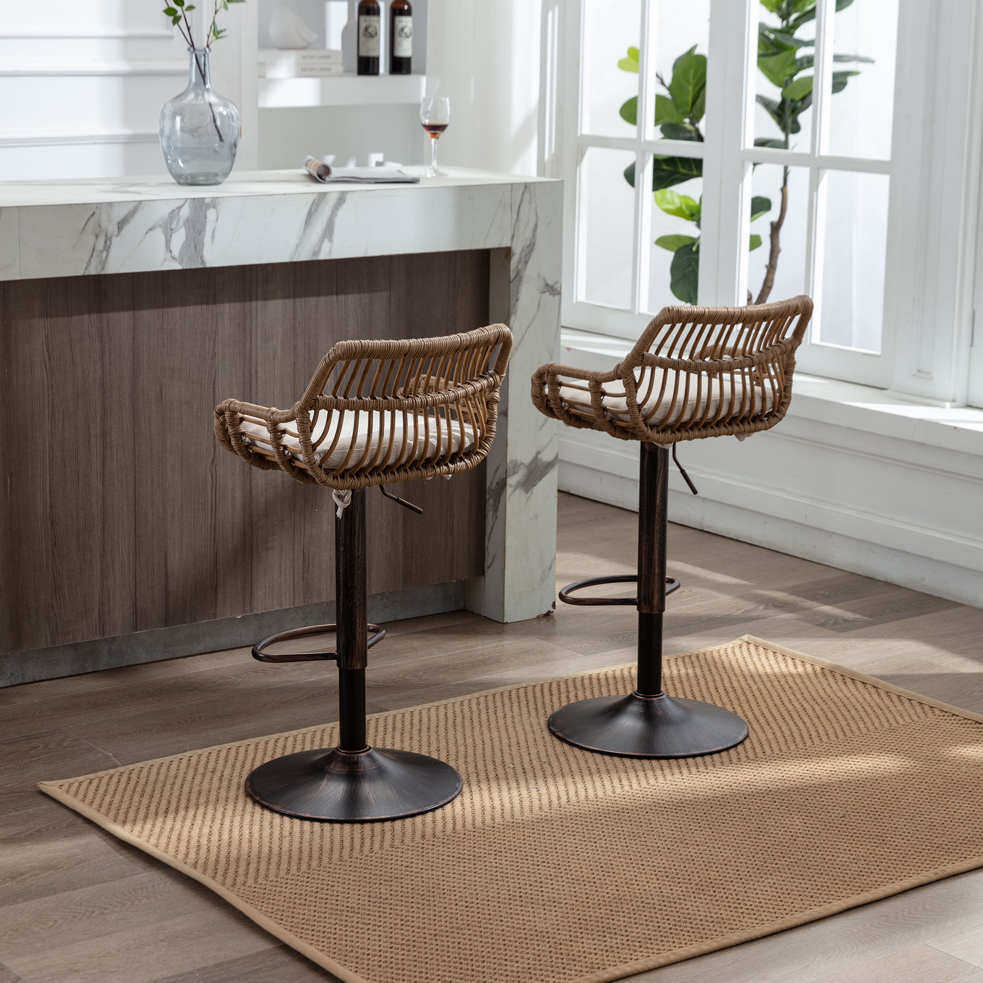 GOMYWAY 2 PCS Modern Swivel Bar Stools Height Adjustable, Wicker Beige