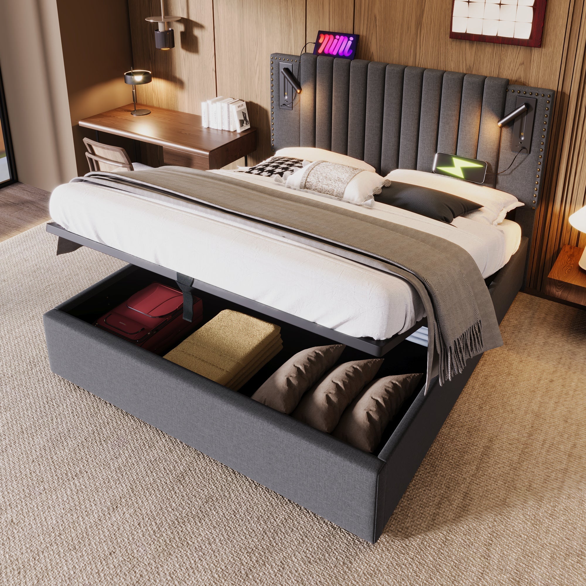 Upholstered Bed 180x200 Double Storage USB Reading Light Studded Headboard Cotton Grey