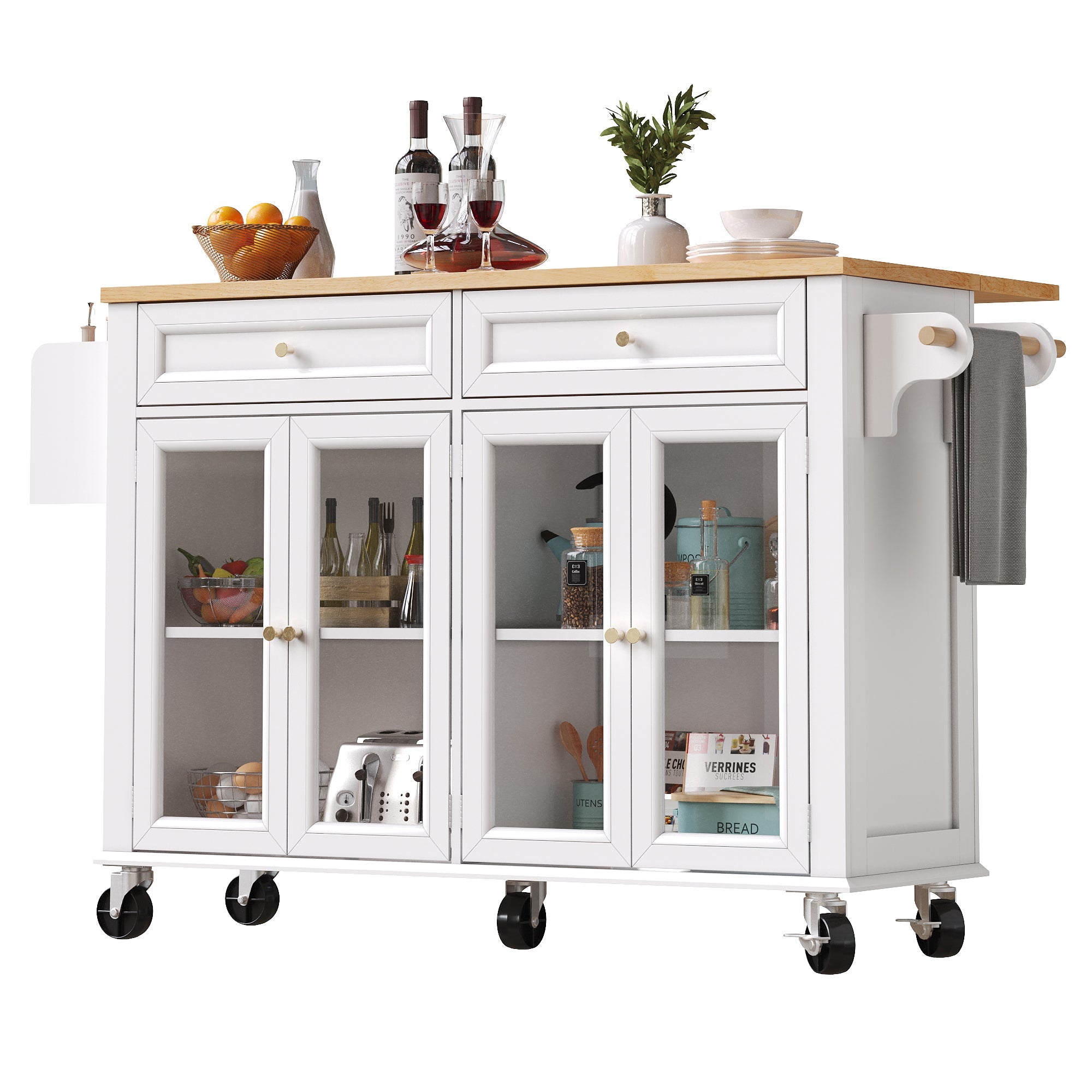 Kitchen Island Multifunctional with Wheels Glass Doors, White