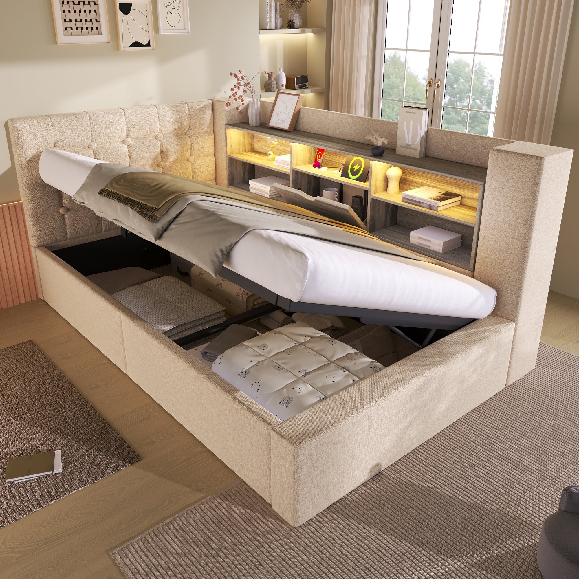 Upholstered Single Bed 90x200cm LED Hydraulic Storage L-Shaped Headboard - Linen Beige (With Mattress)