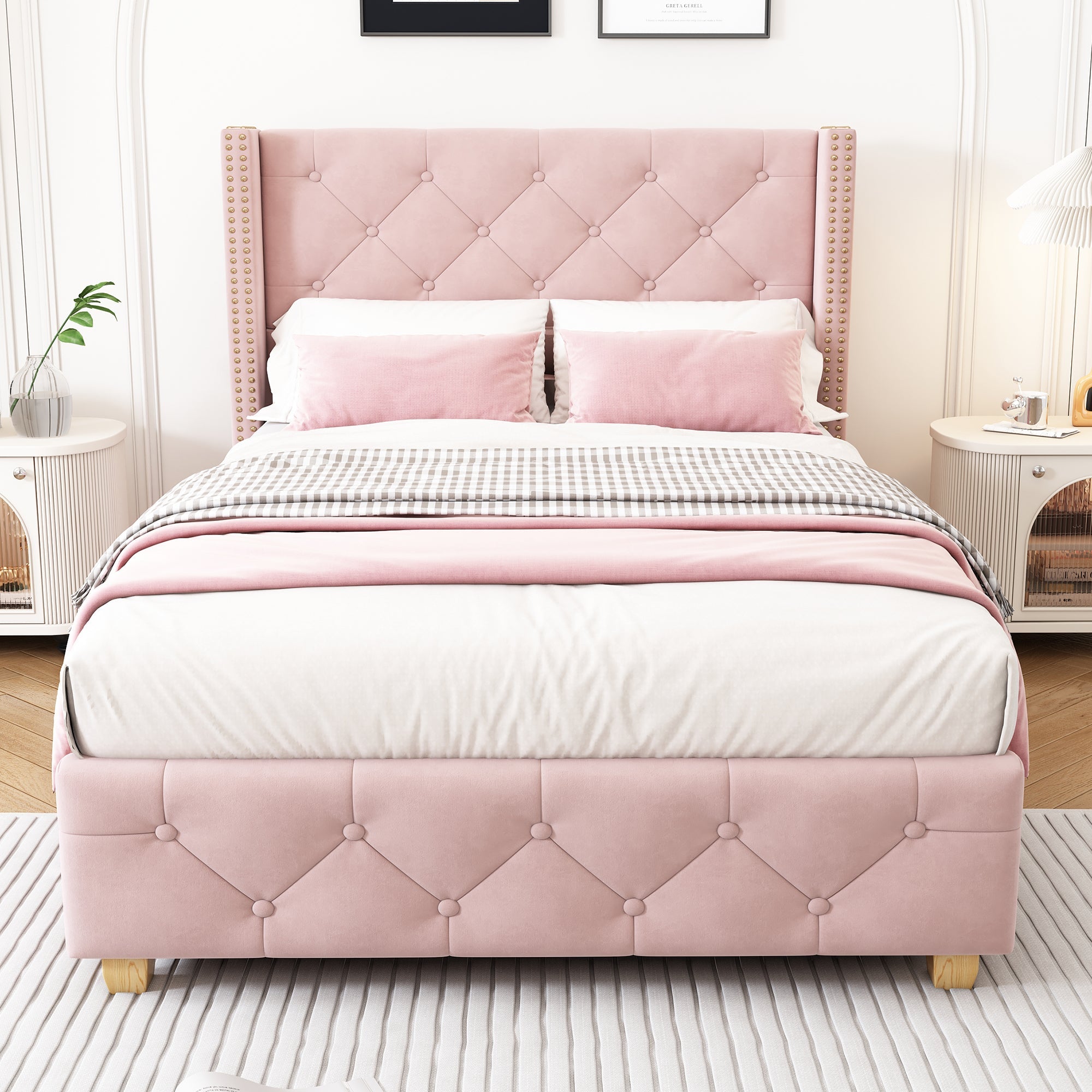 Upholstered Bed 90x200cm with Slatted Frame and Studded Buttoned Headboard, Pink Velvet