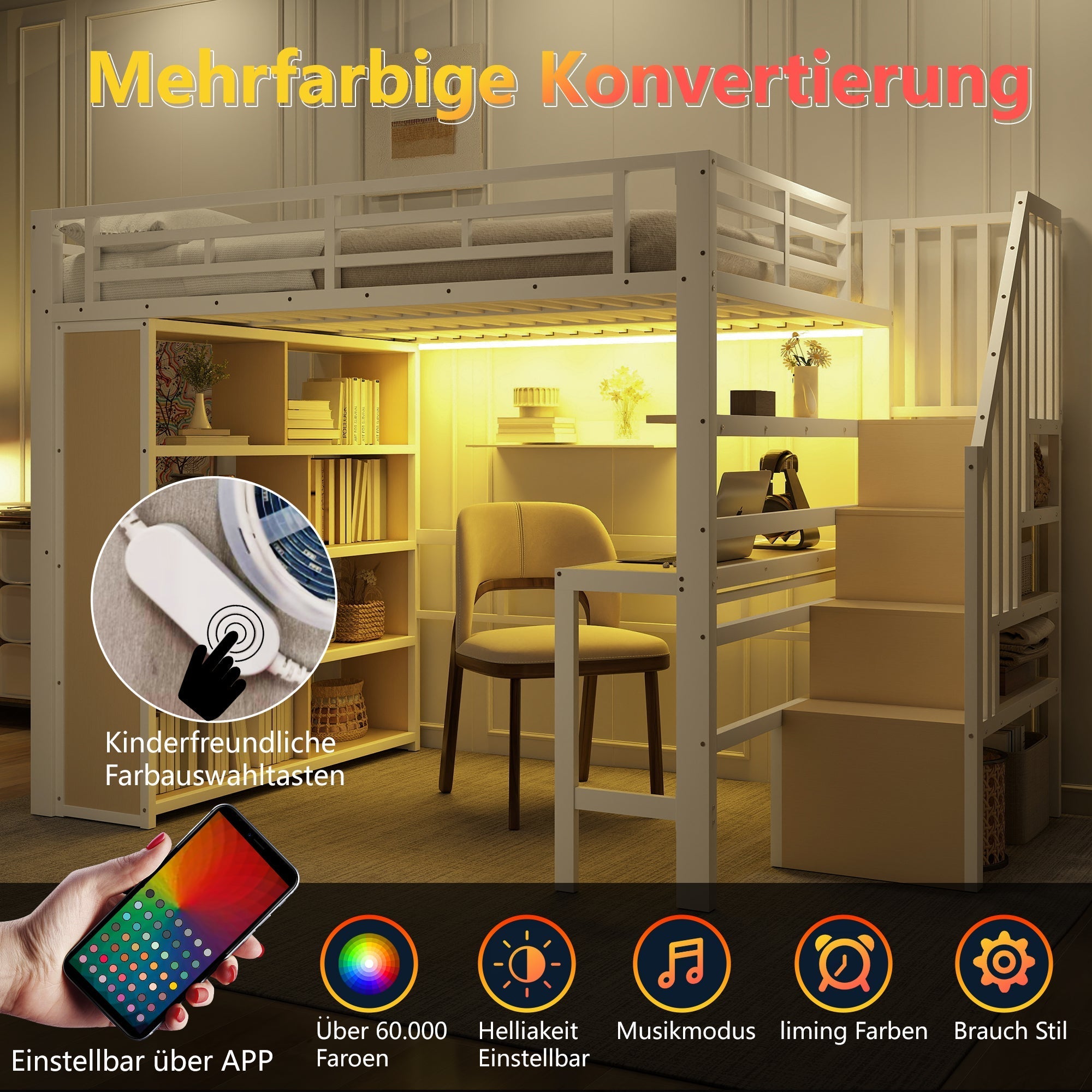Loft Bed with Desk, Storage Staircase and LED Light Strip, 140x200cm, White Iron Frame