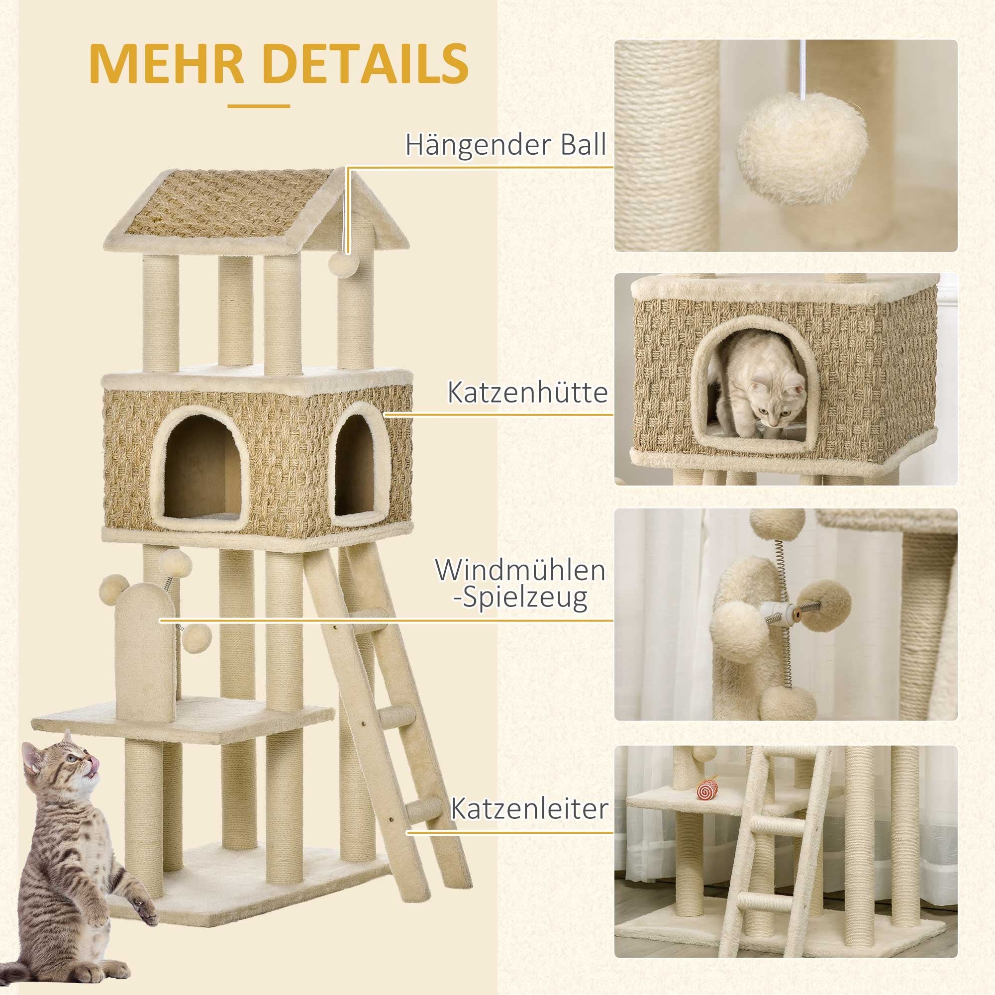Cat Tree Large 130cm, Cat Cave & Play Balls, Khaki+Beige Chipboard Plush