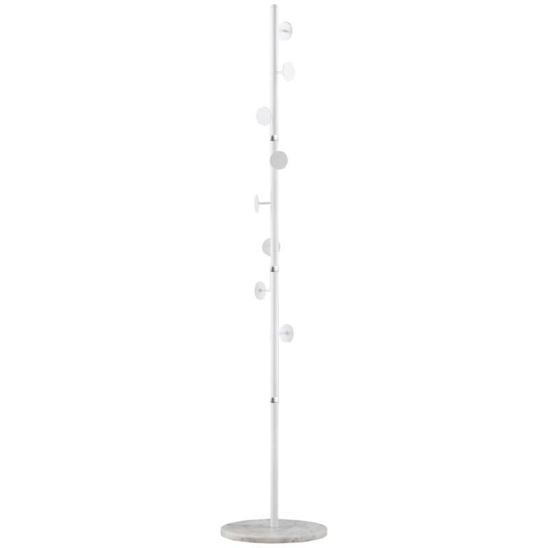 Coat Rack Free Standing Hall Tree 8 Round Disc Hooks Steel with Marble Base, White
