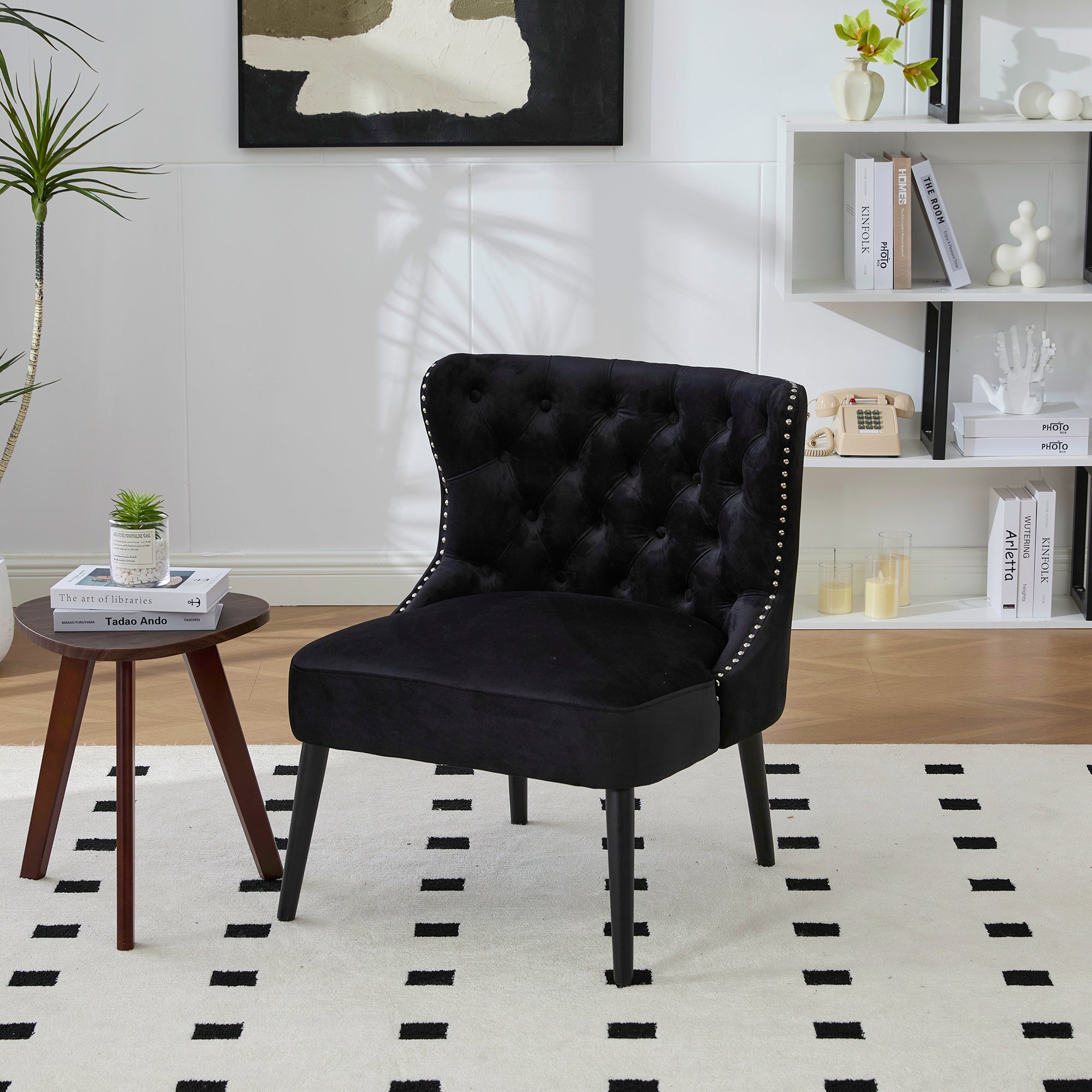 Single Sofa Chair, Modern Armless Button-Front Studded Trim Solid Wood Legs, Velvet