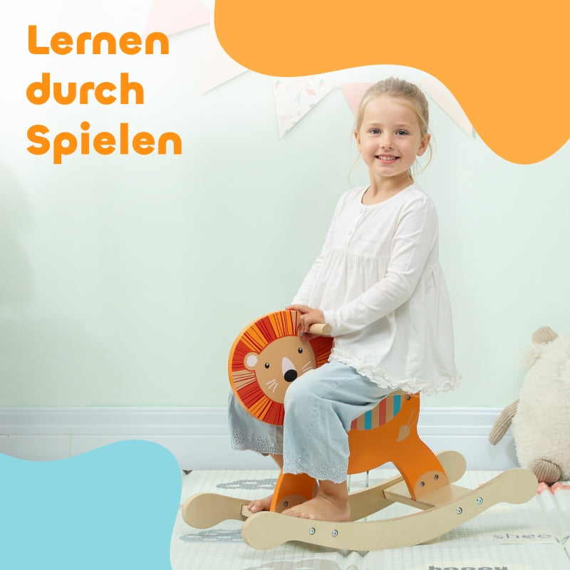 Rocking Horse with Lion Design, 25 kg Weight Capacity and 2-5 Years, Wood Orange