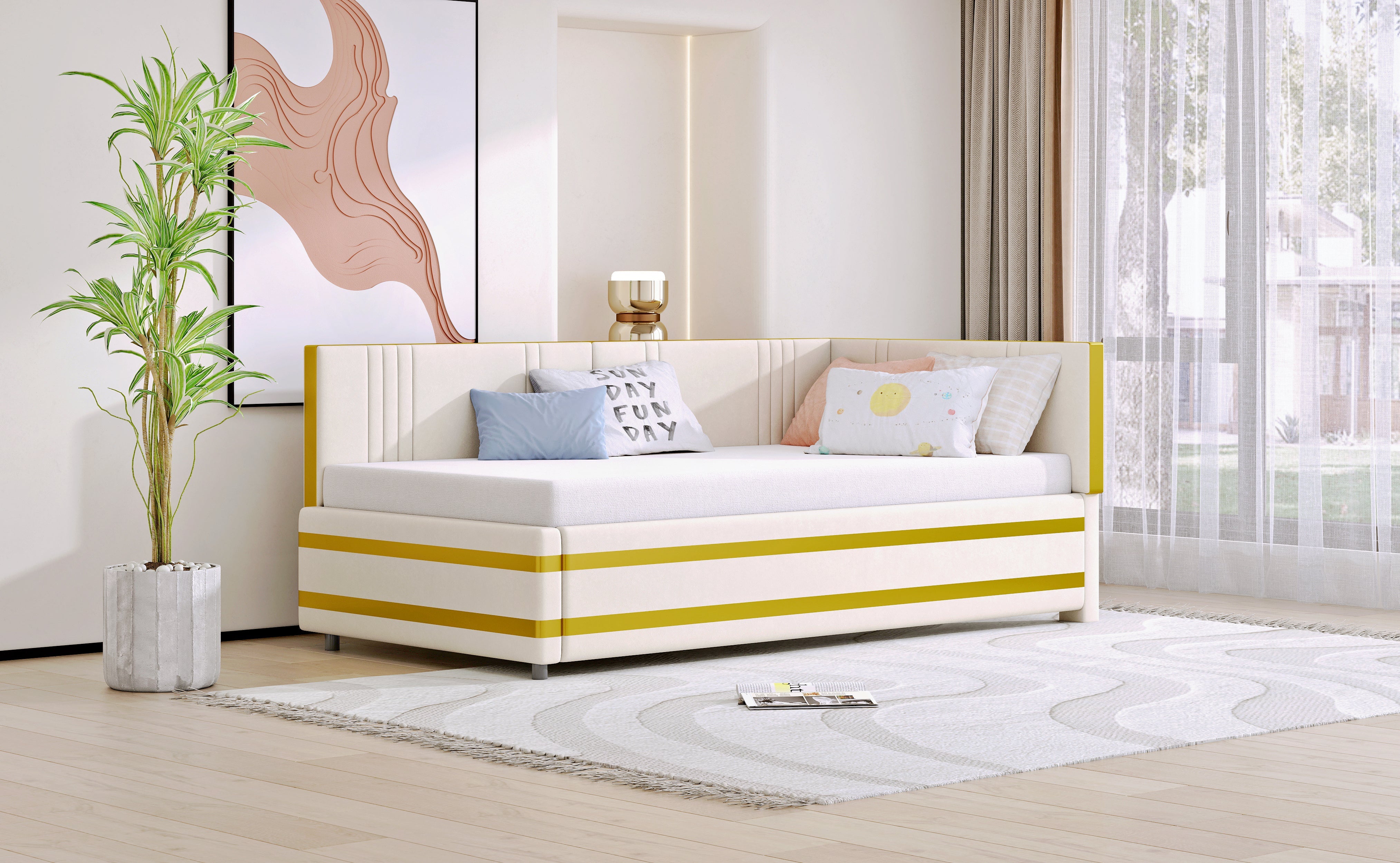 Upholstered Bed Sofa Bed 90*200 Multifunctional with Slatted Frame, Velvet Beige