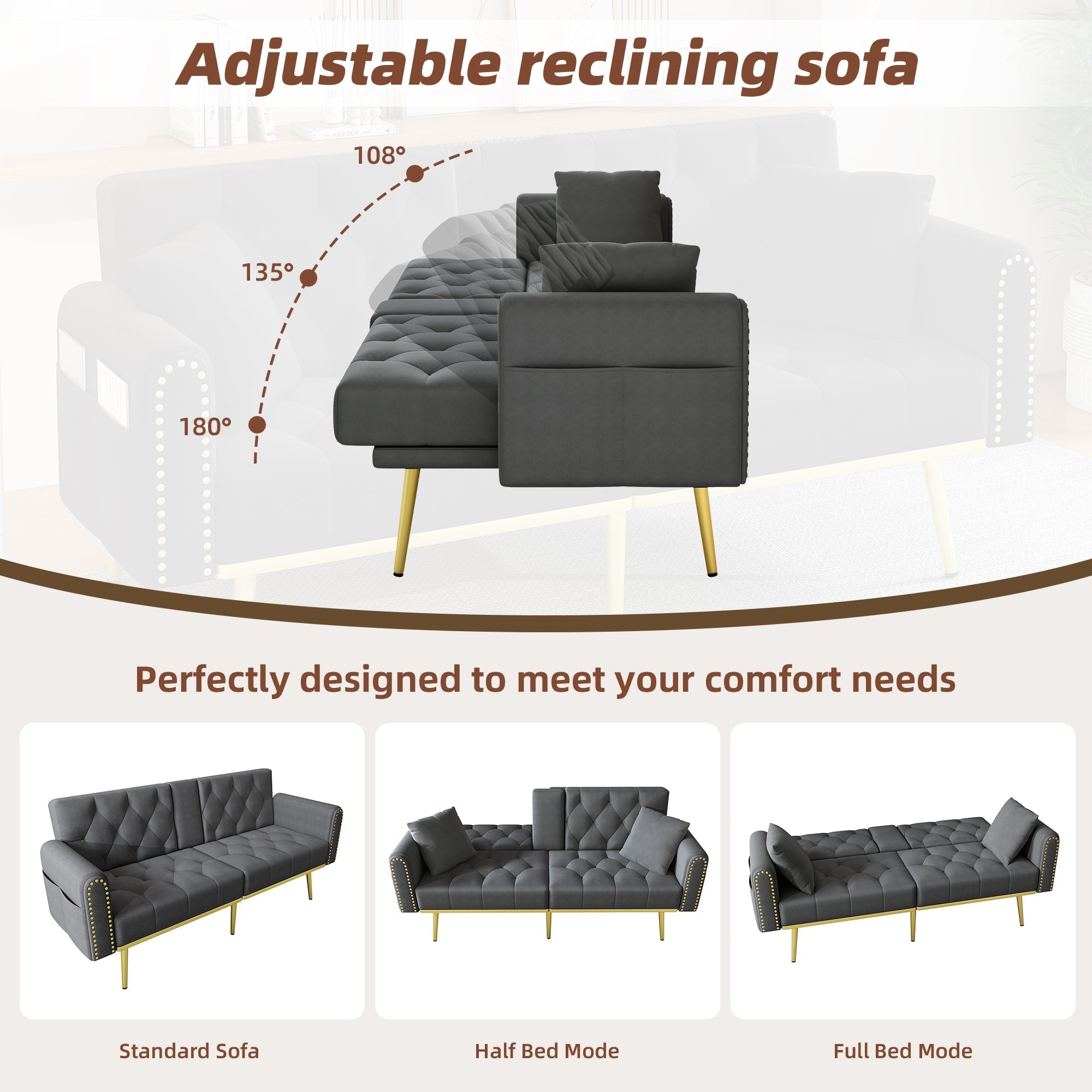 Double Fold-Out Sofa Bed Reclining 3-Position with Cup Holders Fabric Gray