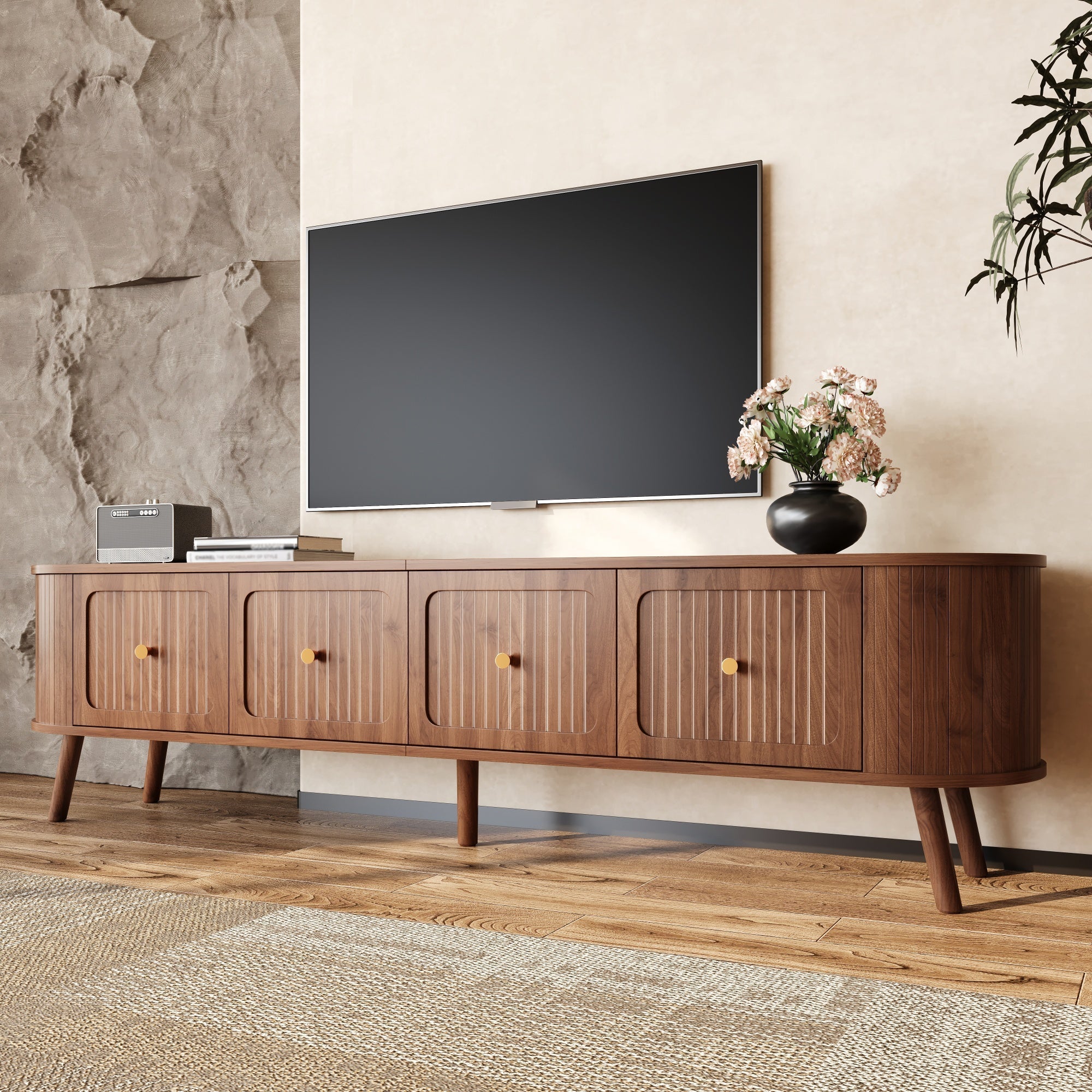 TV Stand Modern Low 4 Cabinet Doors Gold Handles 180cm