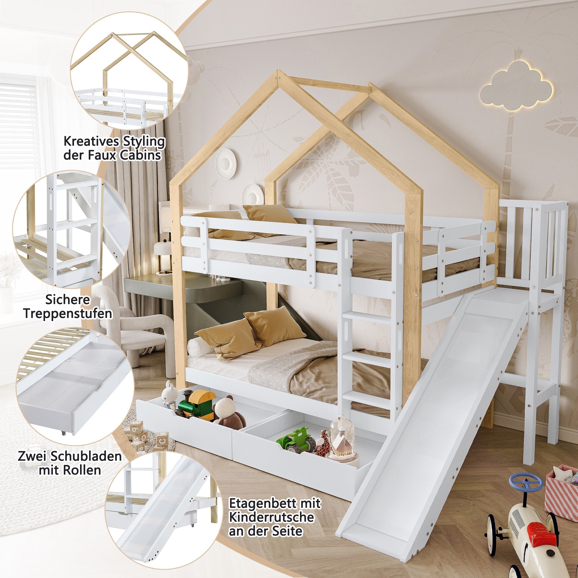Bunk Bed House with Slide, Ladder, Safety Rail, 2 Drawers, 90x200cm, Solid Wood White/Natural