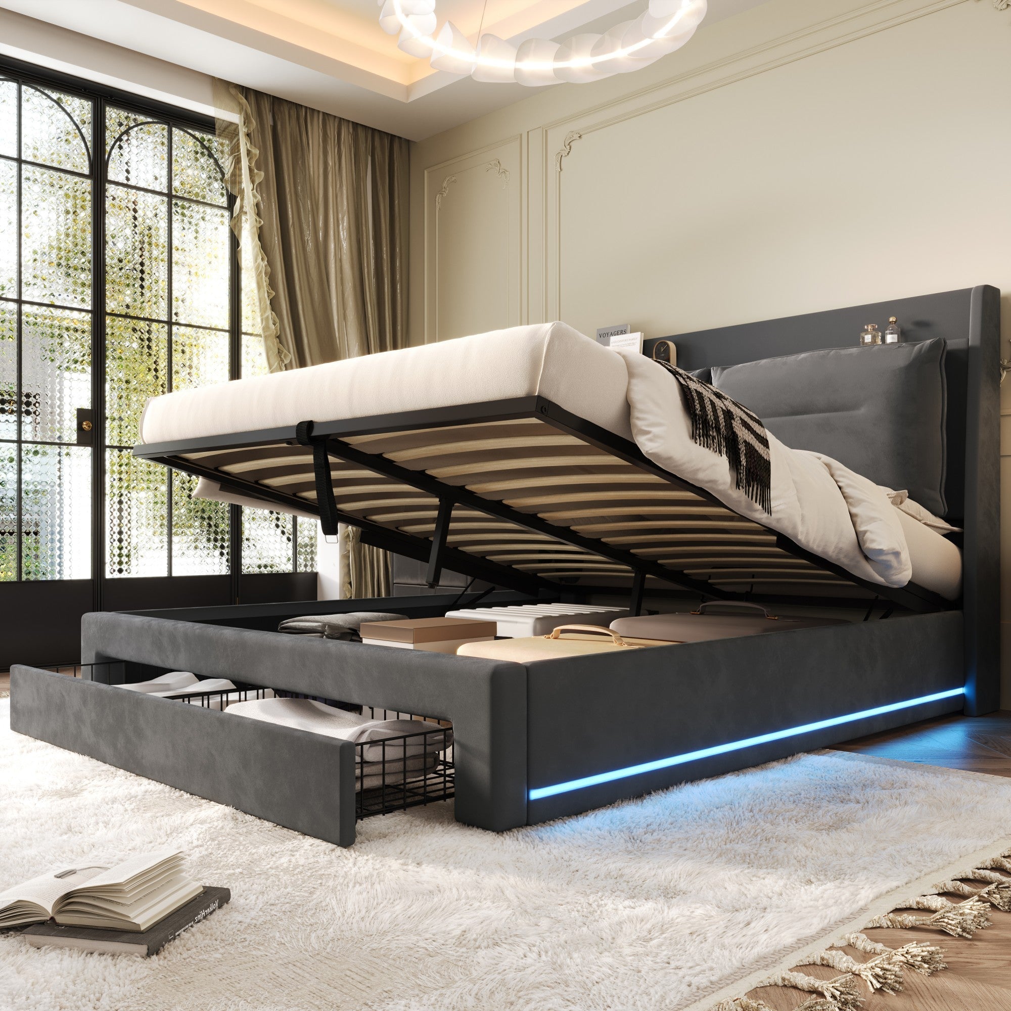 Upholstered Bed Double 4ft6 Hydraulic Storage LED Lights, Velvet Dark Gray