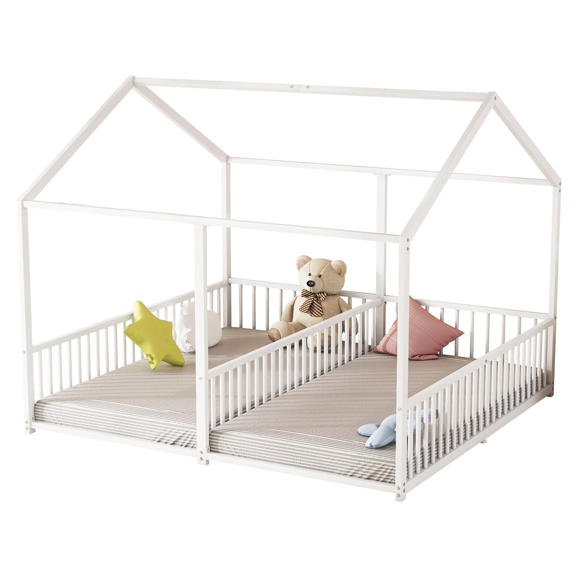 Metal Children's Bed 90x200cm House Design Railing Ladder - White