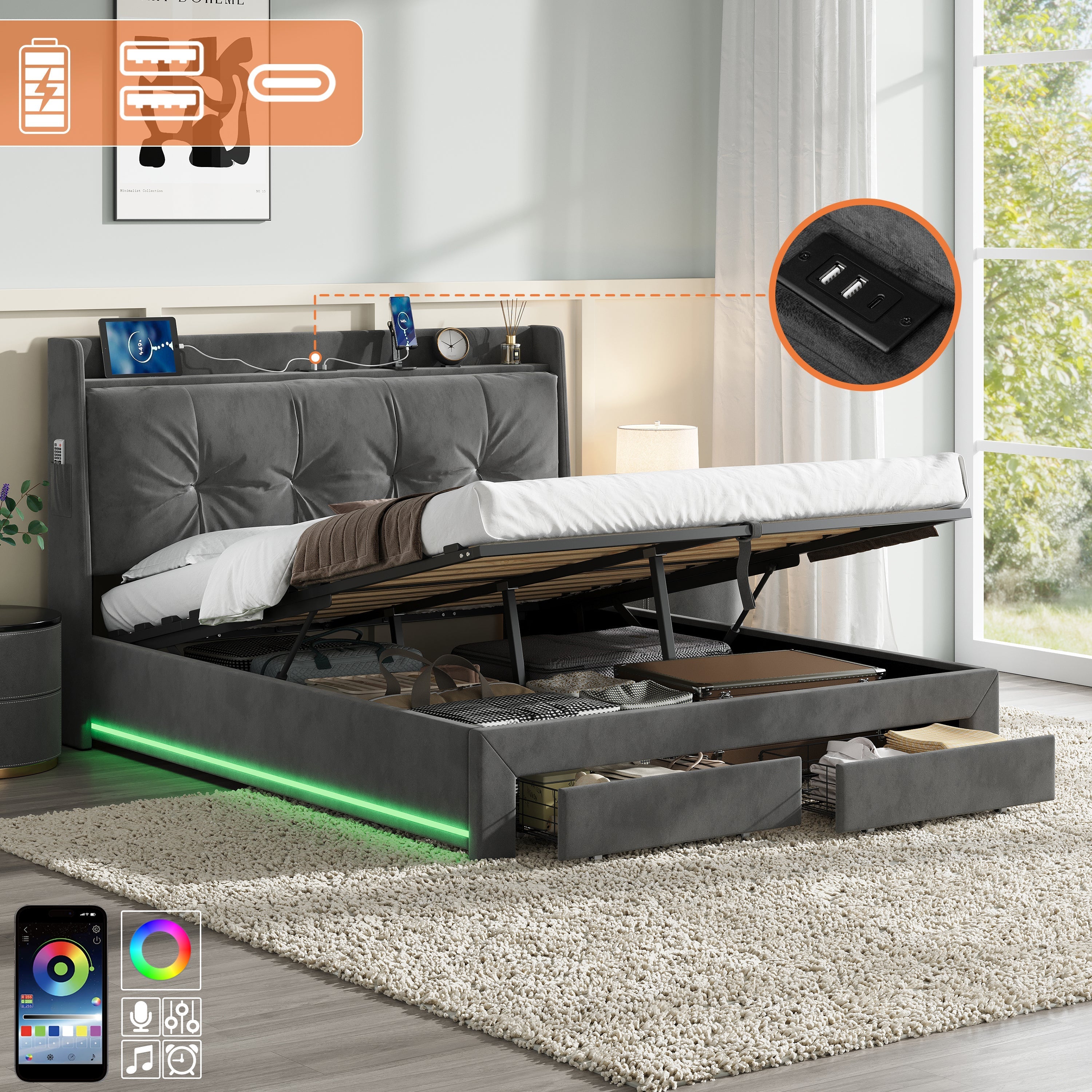 Double Upholstered Bed Frame with Hydraulic Storage, Charging Station, and RGB LED Lighting, Grey Velvet