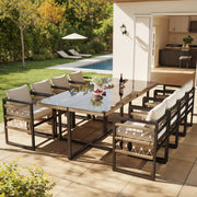 Handwoven Garden Sofa Set for 8 People with 2 Glass Tables and 8 Armchairs, Beige Iron